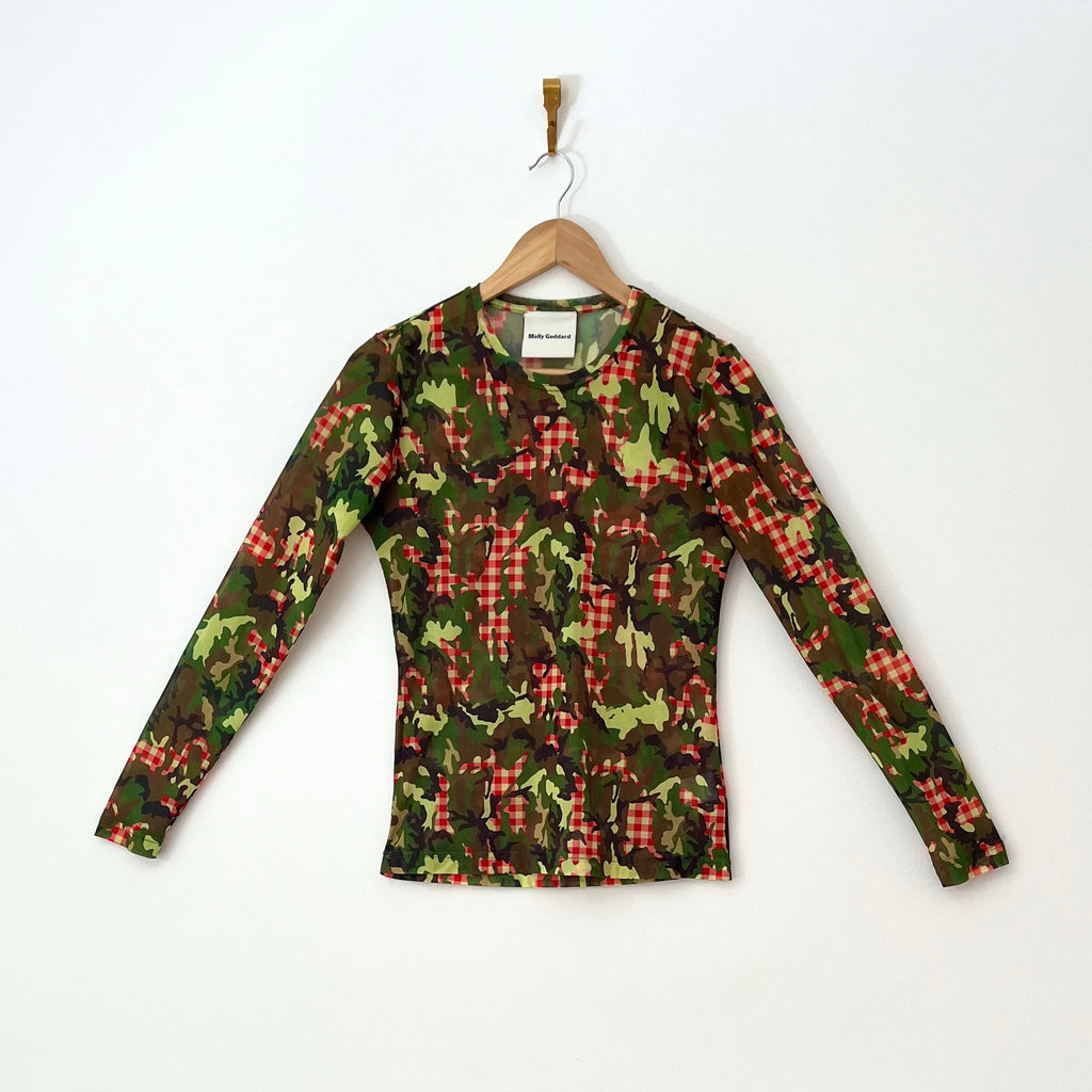 Molly Goddard FREDDIE Camo Gingham Print Mesh Top In Green.