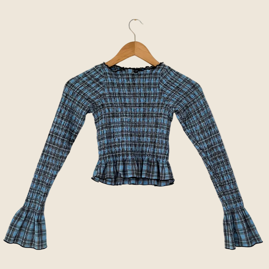 Après Studios Plaid Ruched Skivvy in Blue Size XS.