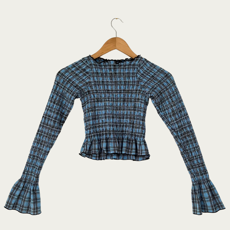 Après Studios Plaid Ruched Skivvy in Blue Size XS.