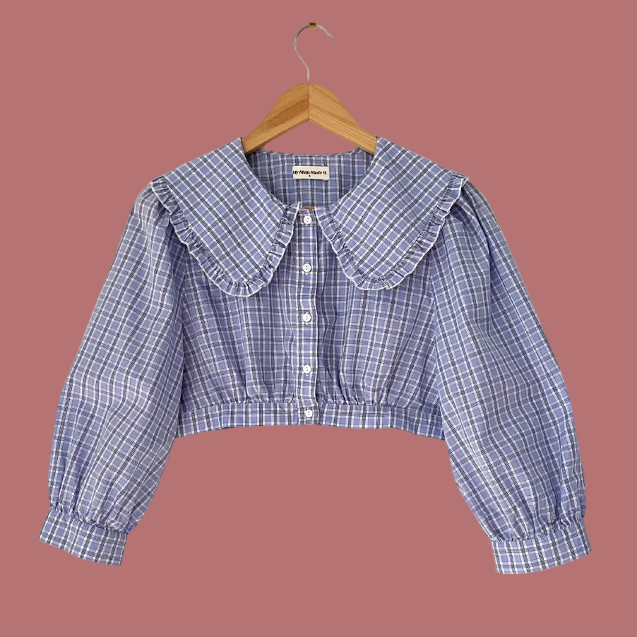 My Mum Made It Collar Crop Blouse in Sky Blue Check Size XS.