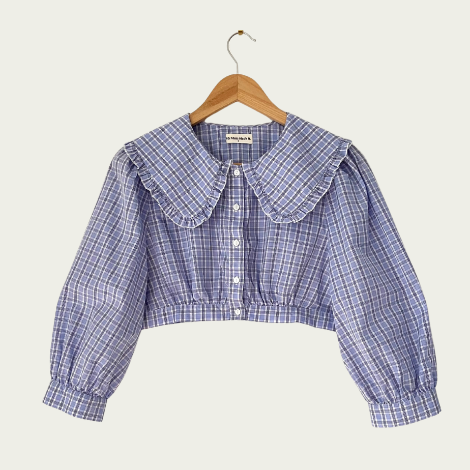 My Mum Made It Collar Crop Blouse in Sky Blue Check Size XS.