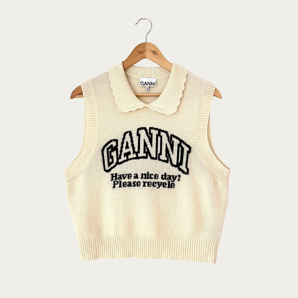 Ganni Graphic Wool Mix Collar Vest Size L.