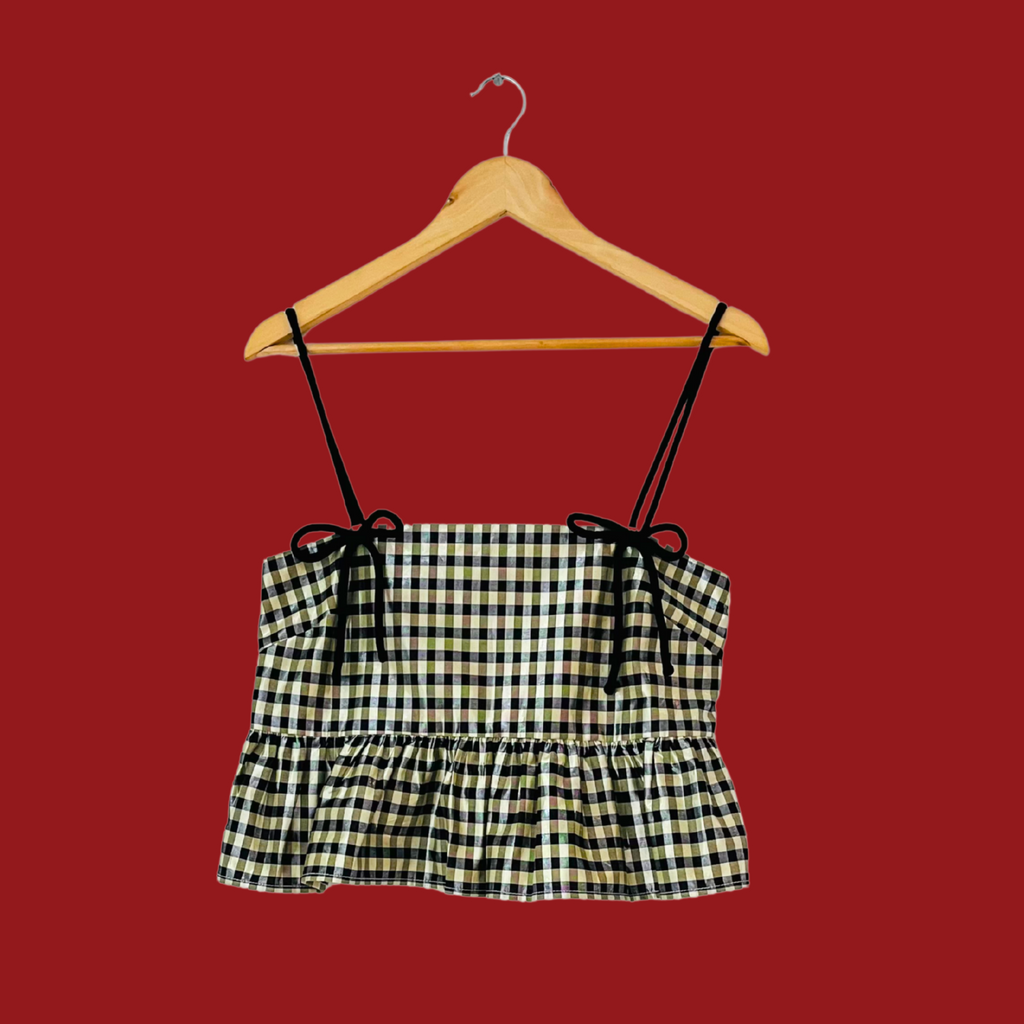 Ganni Bow-detailed Ruffled Metallic Gingham Jacquard Top.
