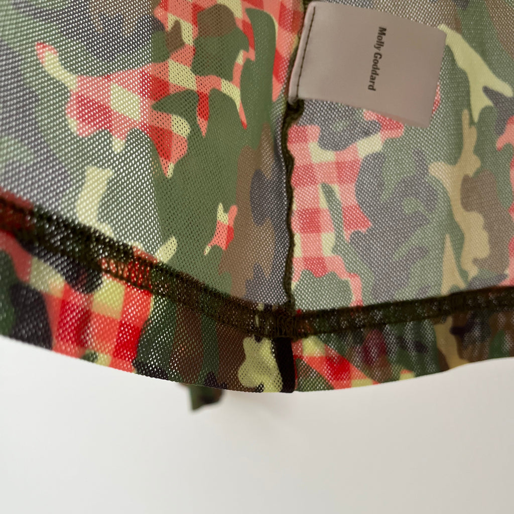 Molly Goddard FREDDIE Camo Gingham Print Mesh Top In Green.