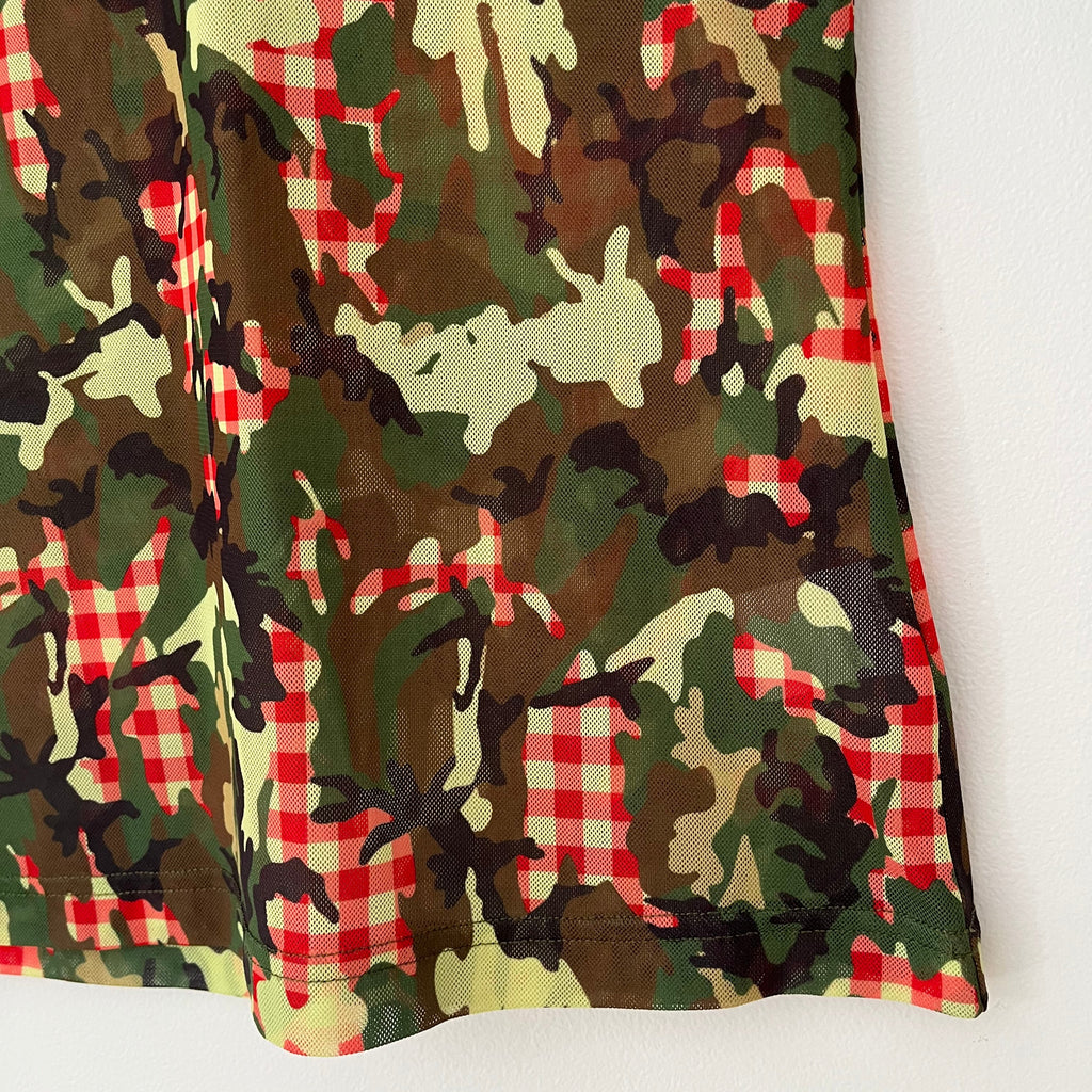 Molly Goddard FREDDIE Camo Gingham Print Mesh Top In Green.