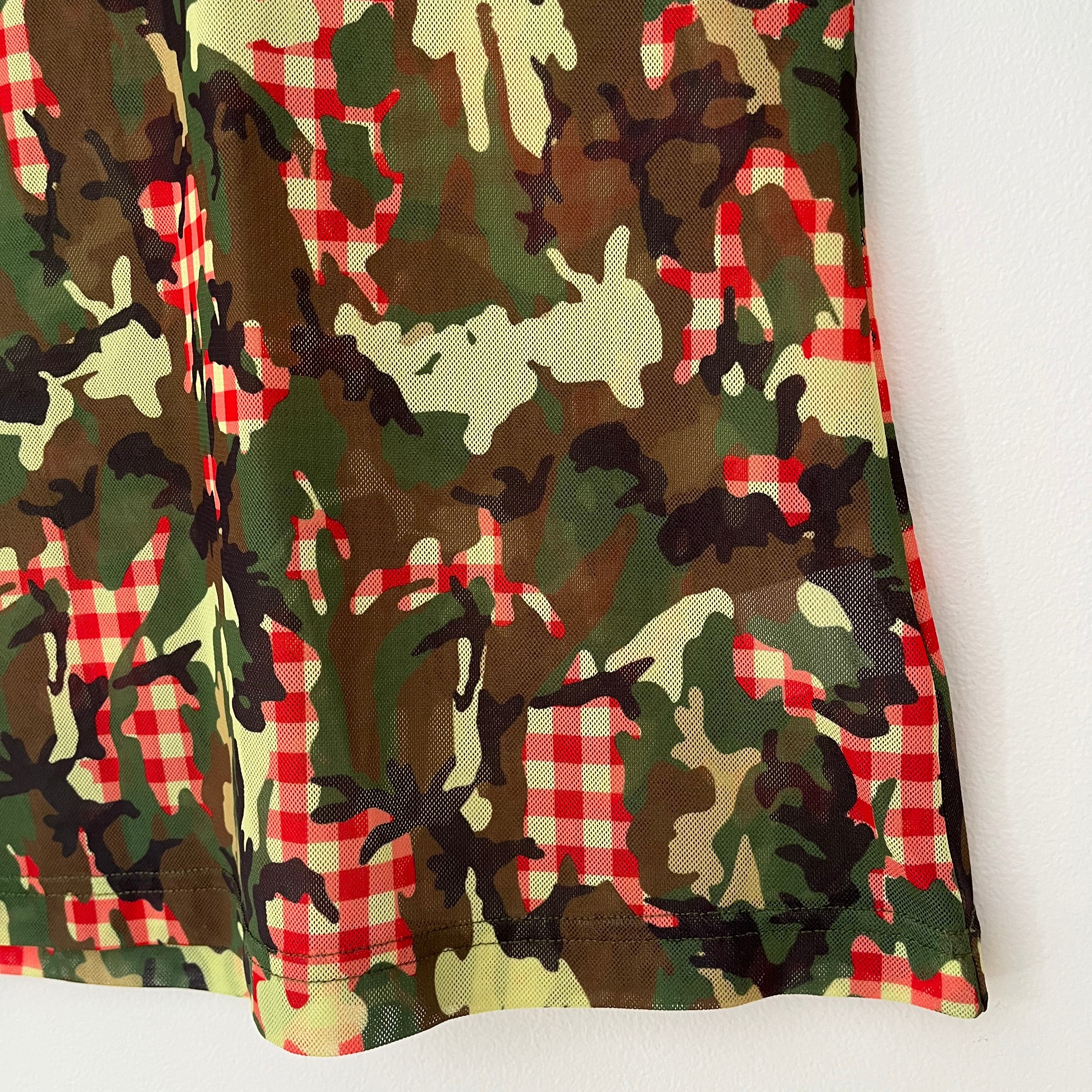 Molly Goddard FREDDIE Camo Gingham Print Mesh Top In Green.