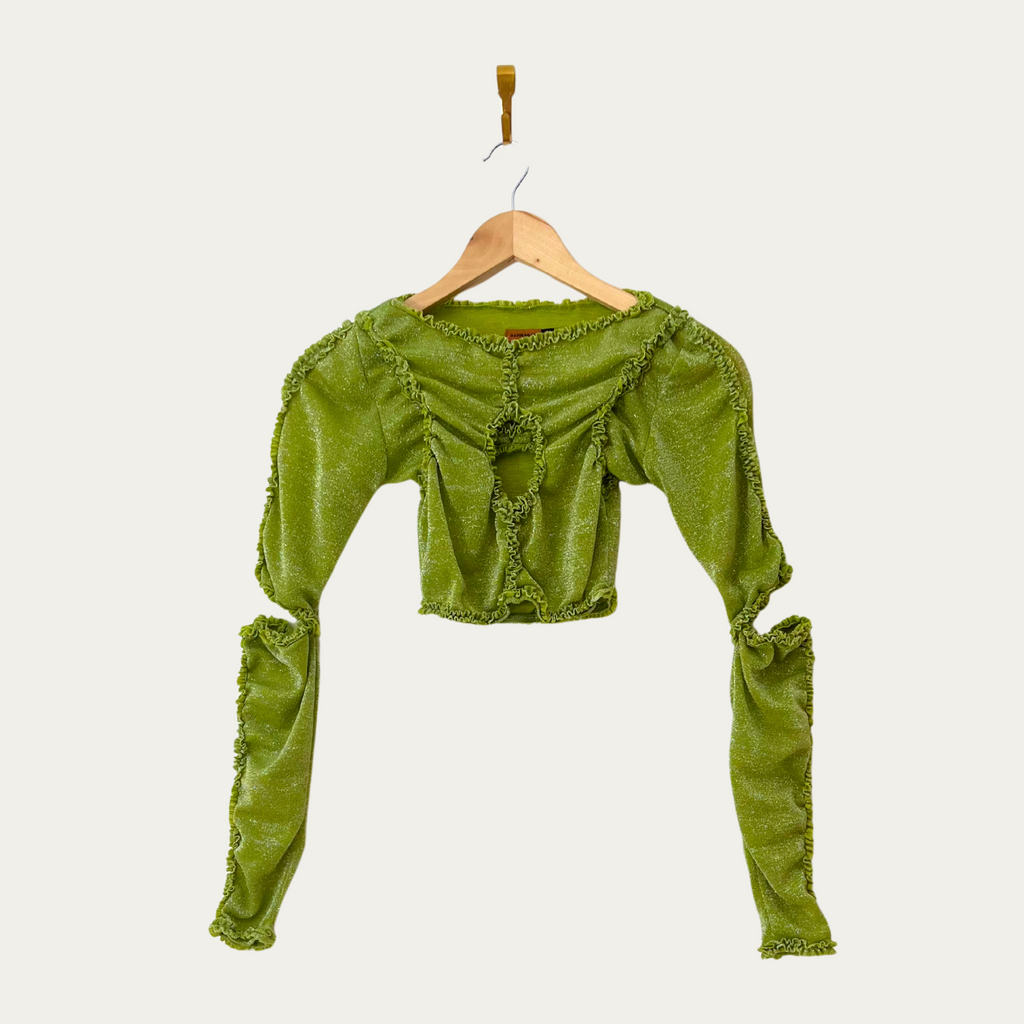 Barragán XOCHI Ruffle Center Hole Shirt in Metalic Green.