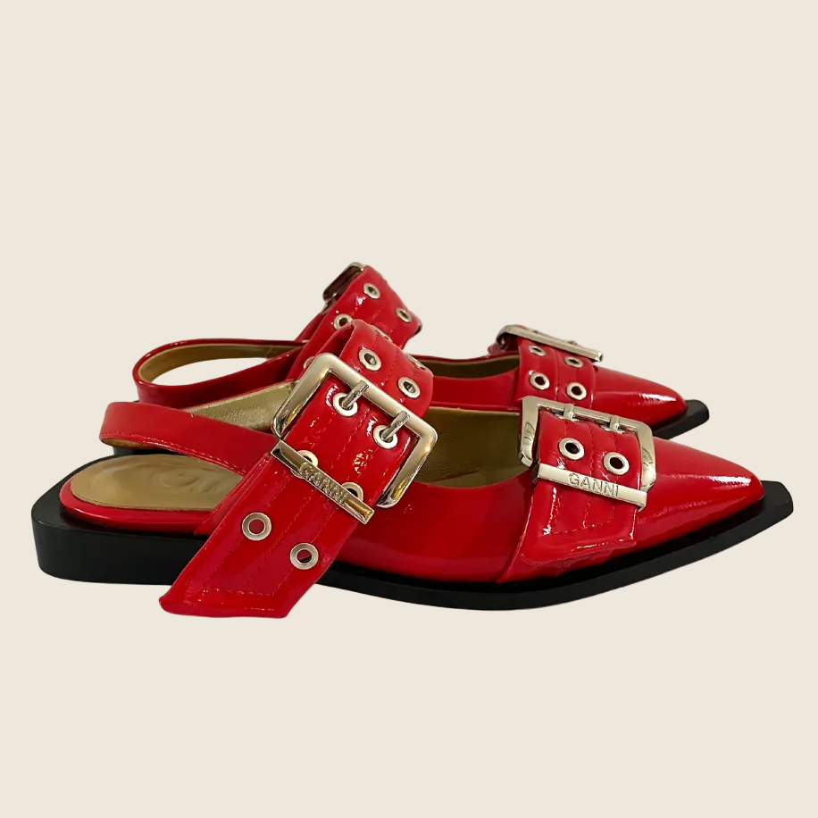 Ganni Feminine Buckle Ballerinas in Red Size EU37/AU6.