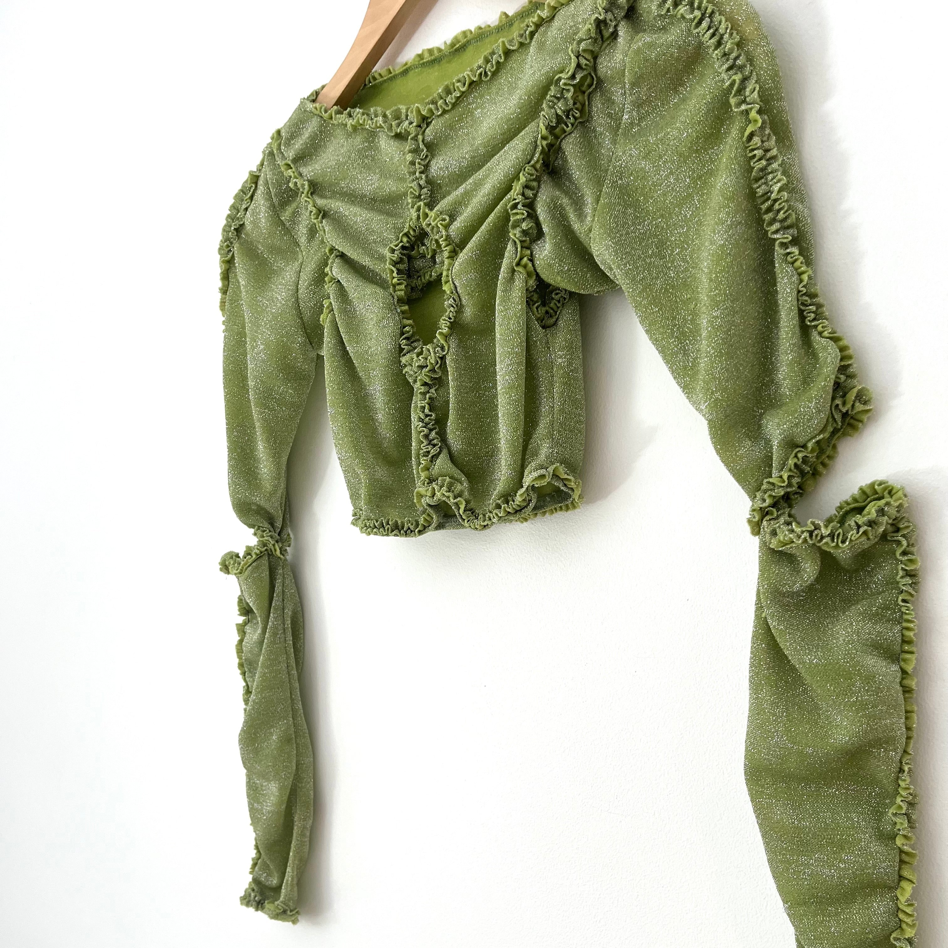 Barragán XOCHI Ruffle Center Hole Shirt in Metalic Green.