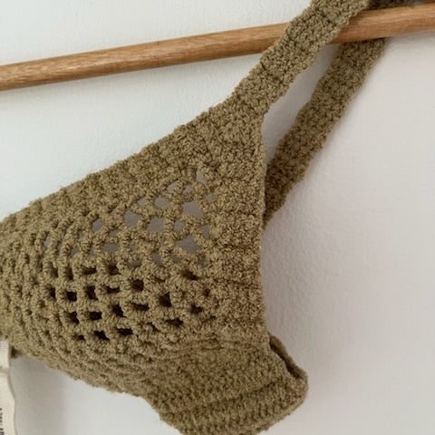 Isa Boulder EXPLORE crochet-knit bra in Beige.