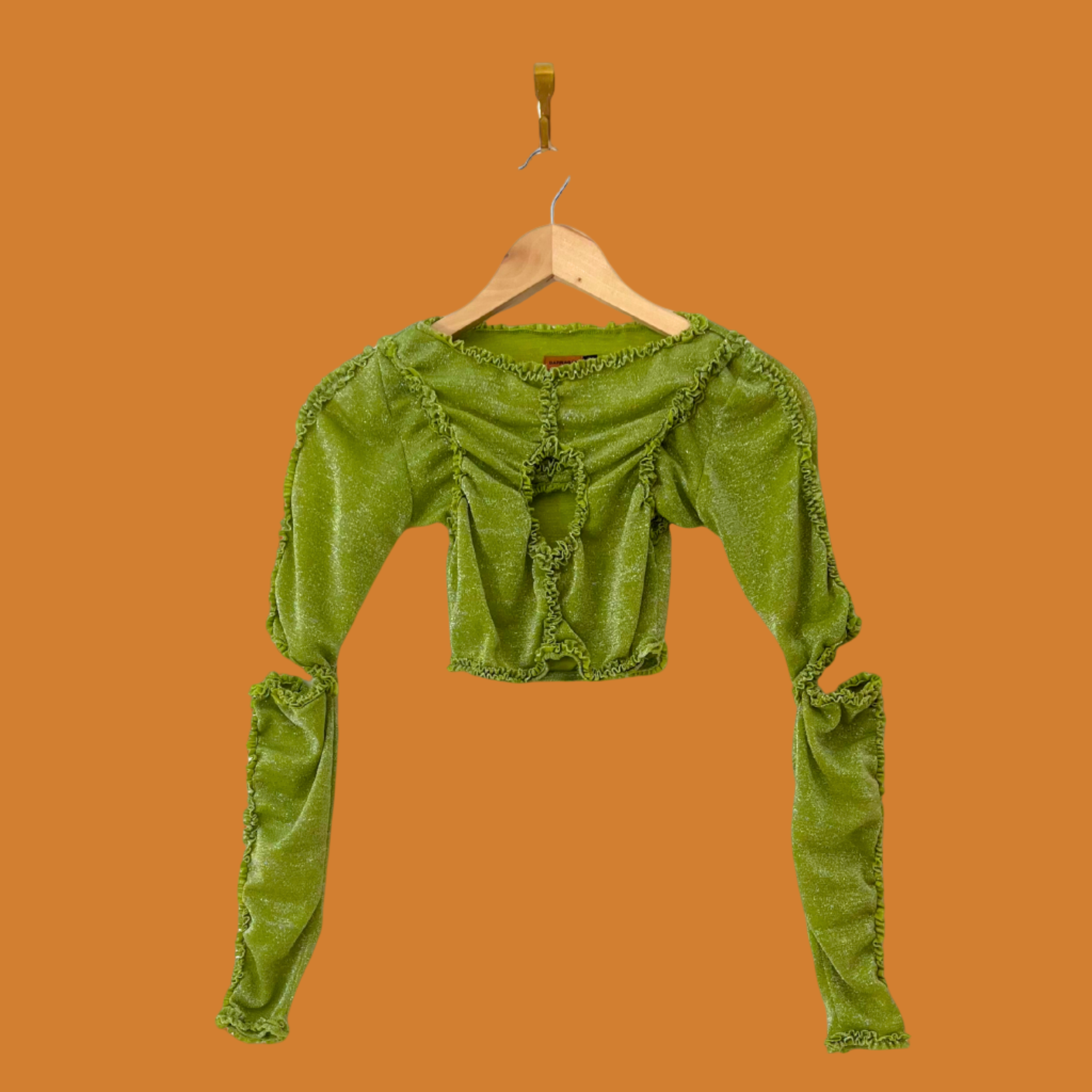 Barragán XOCHI Ruffle Center Hole Shirt in Metalic Green.