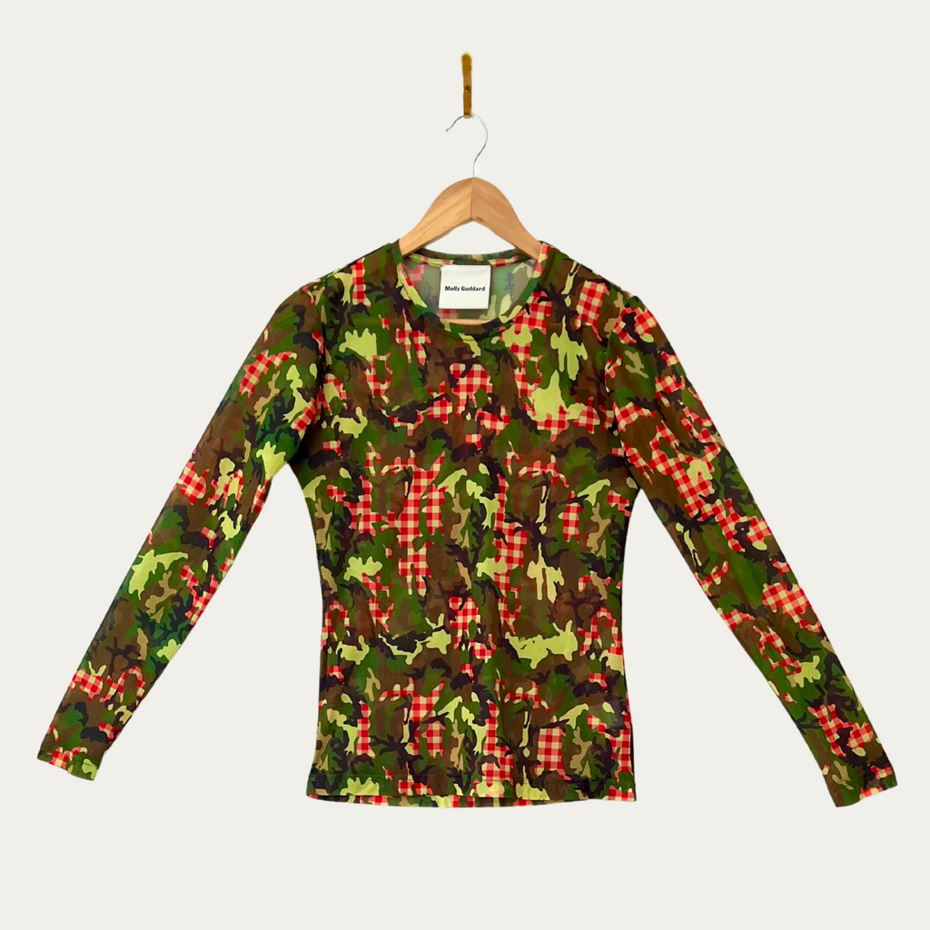 Molly Goddard FREDDIE Camo Gingham Print Mesh Top In Green.