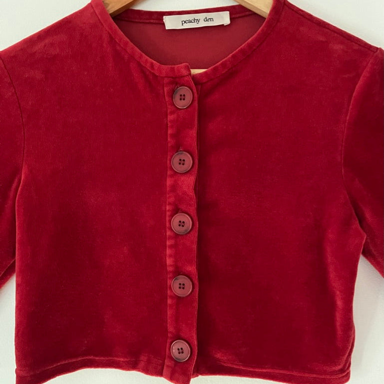 Peachy Den CELESTE Velour Cardigan in Scarlet.