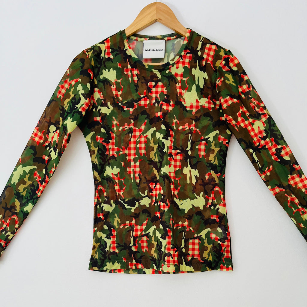 Molly Goddard FREDDIE Camo Gingham Print Mesh Top In Green.