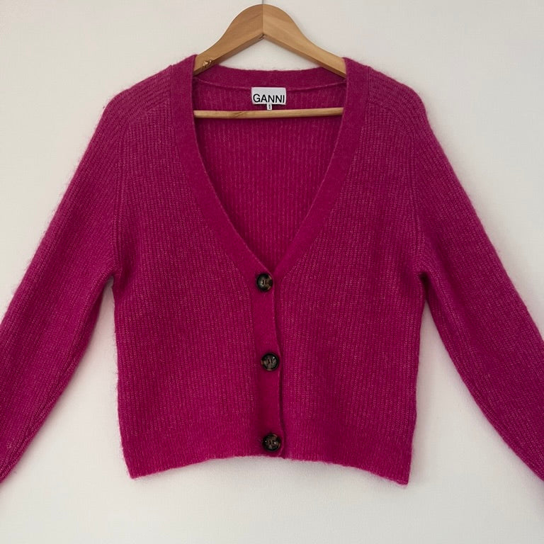 Ganni Wool Cardigan in Magenta.
