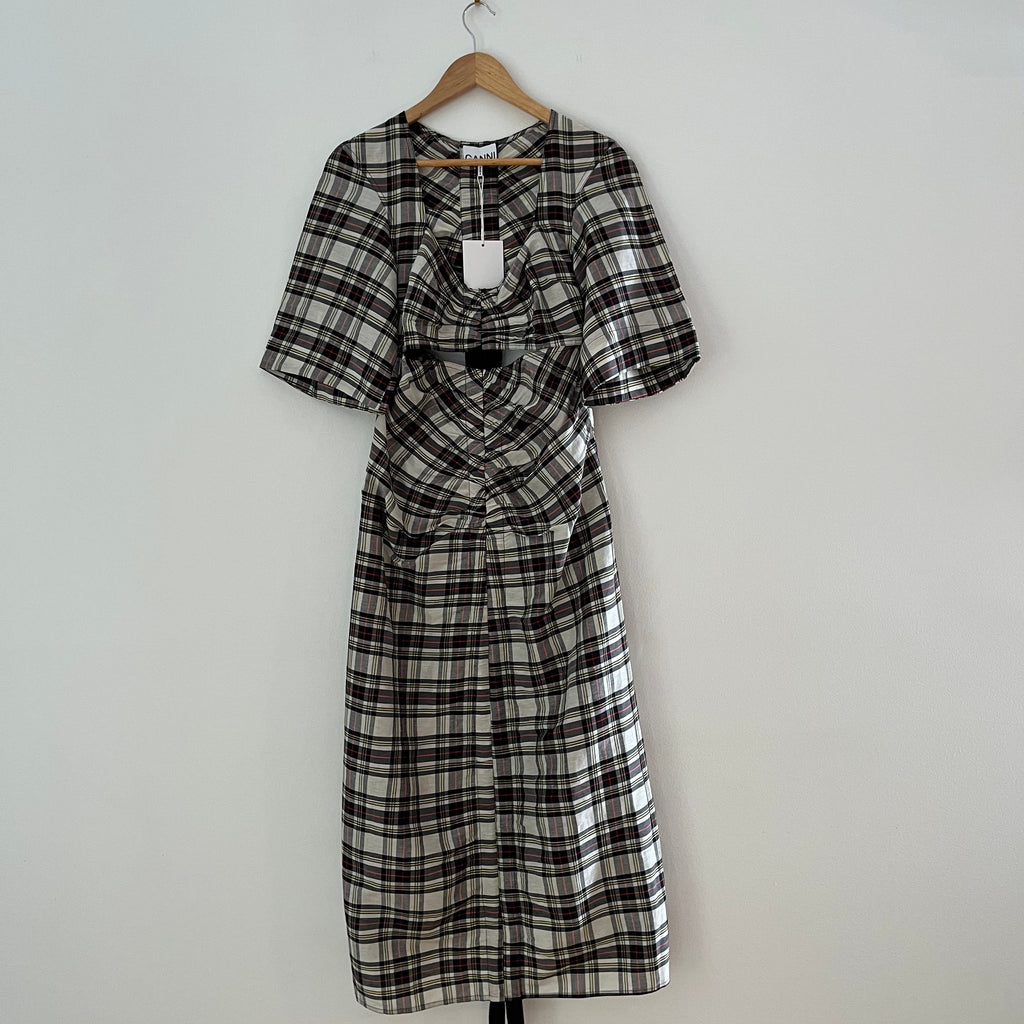 Ganni BNWT Cutout Checked Silk/Linen Midi Dress Size 36/S.