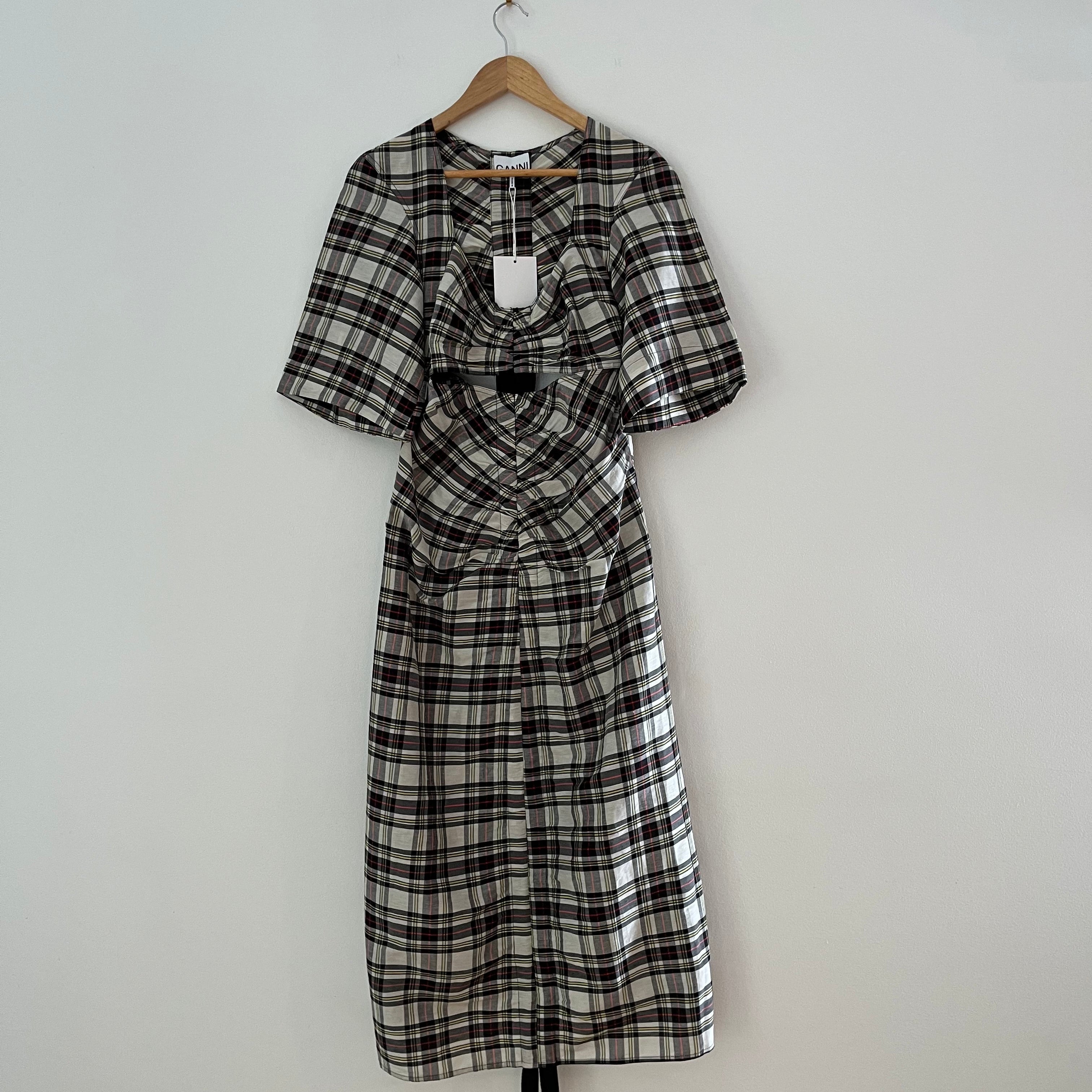 Ganni BNWT Cutout Checked Silk/Linen Midi Dress Size 36/S.