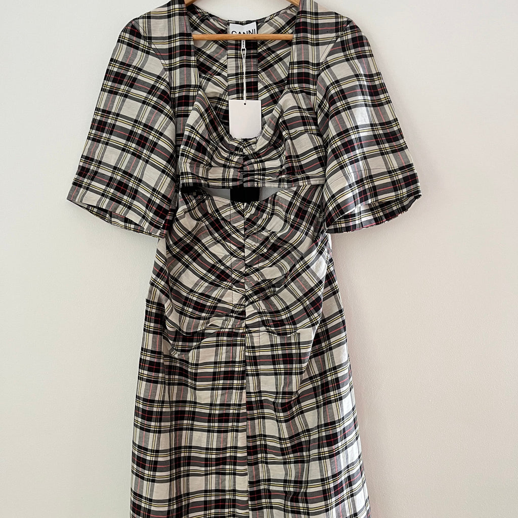 Ganni BNWT Cutout Checked Silk/Linen Midi Dress Size 36/S.