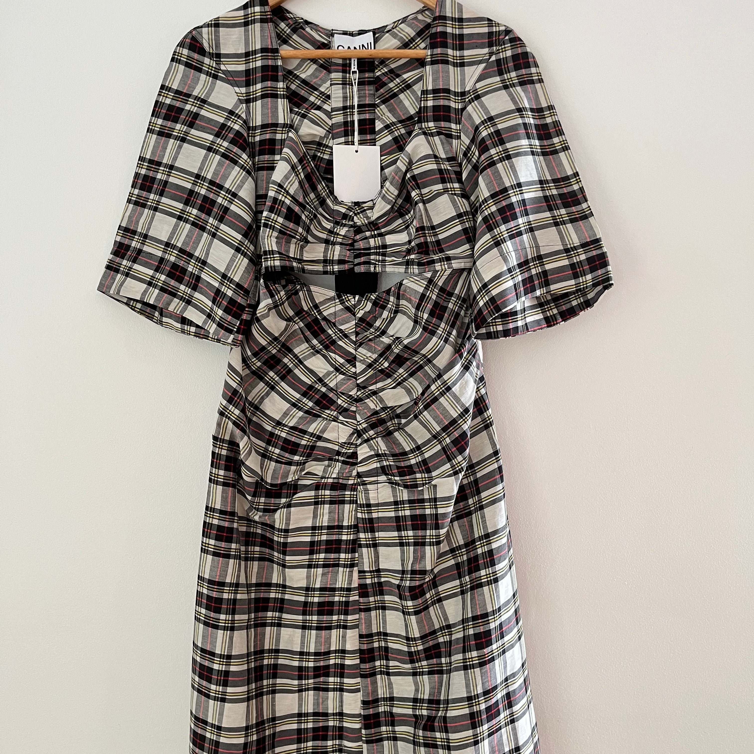 Ganni BNWT Cutout Checked Silk/Linen Midi Dress Size 36/S.