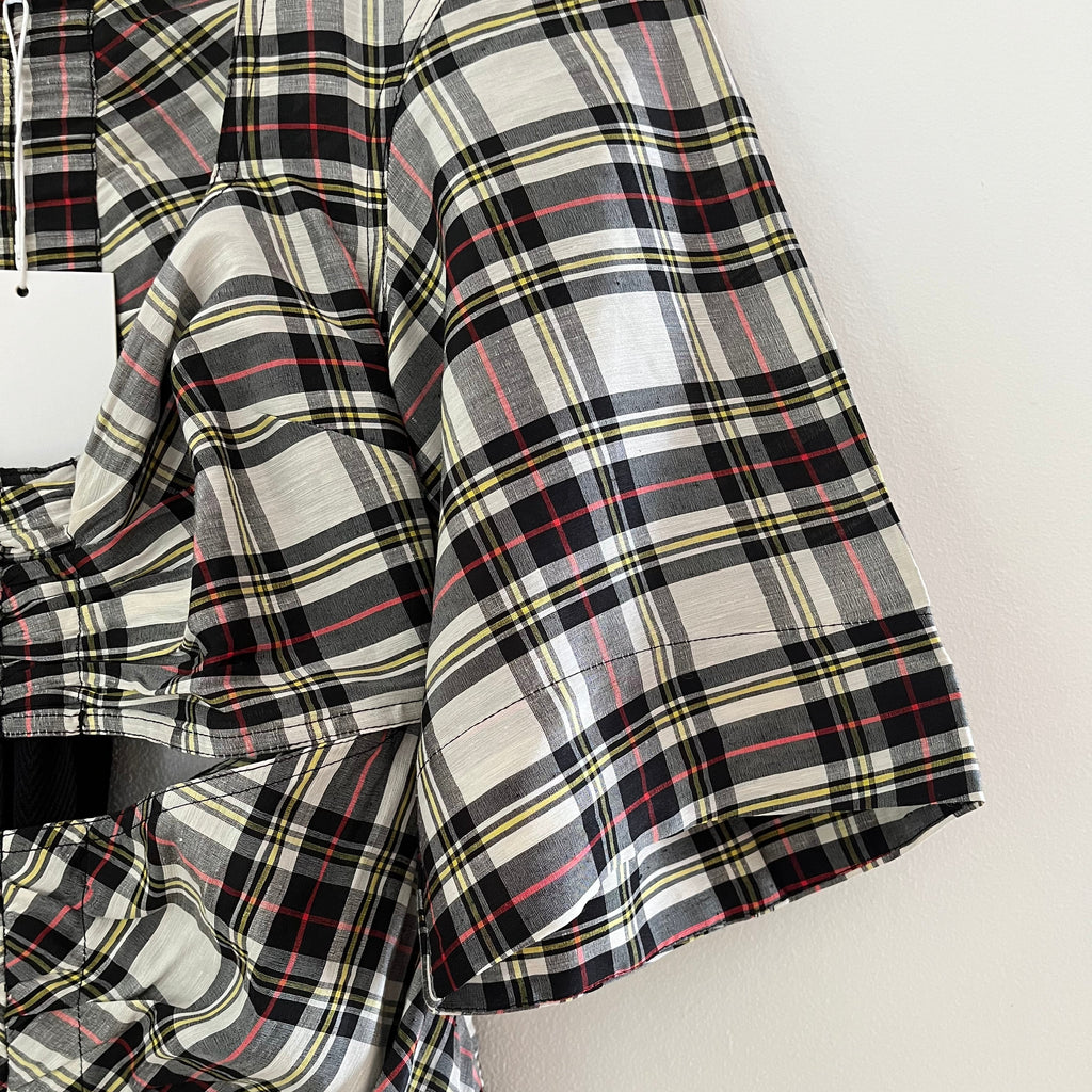 Ganni BNWT Cutout Checked Silk/Linen Midi Dress Size 36/S.
