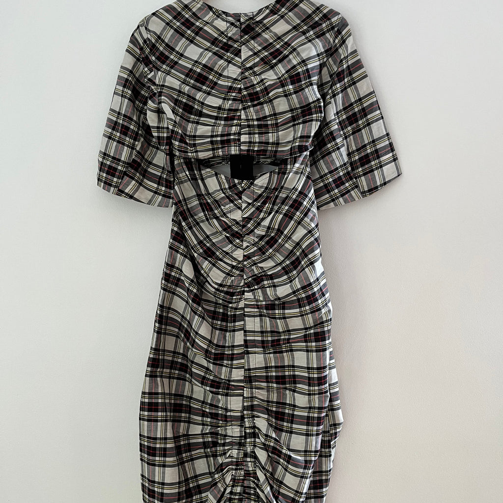 Ganni BNWT Cutout Checked Silk/Linen Midi Dress Size 36/S.