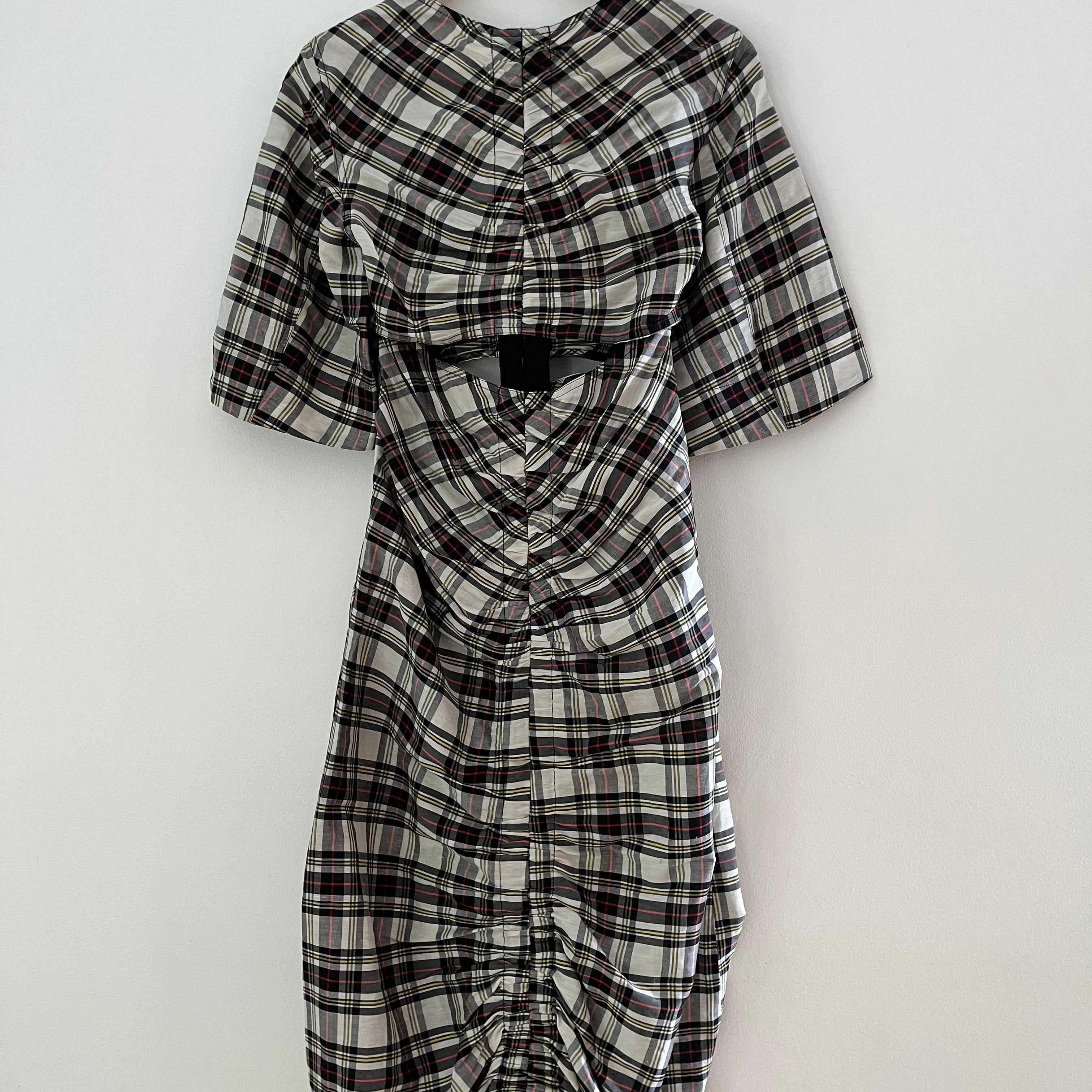 Ganni BNWT Cutout Checked Silk/Linen Midi Dress Size 36/S.