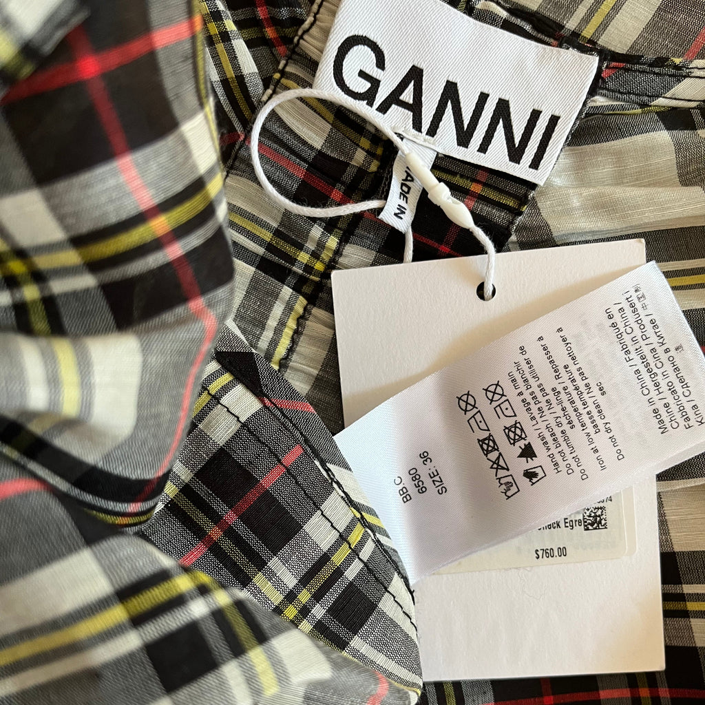 Ganni BNWT Cutout Checked Silk/Linen Midi Dress Size 36/S.