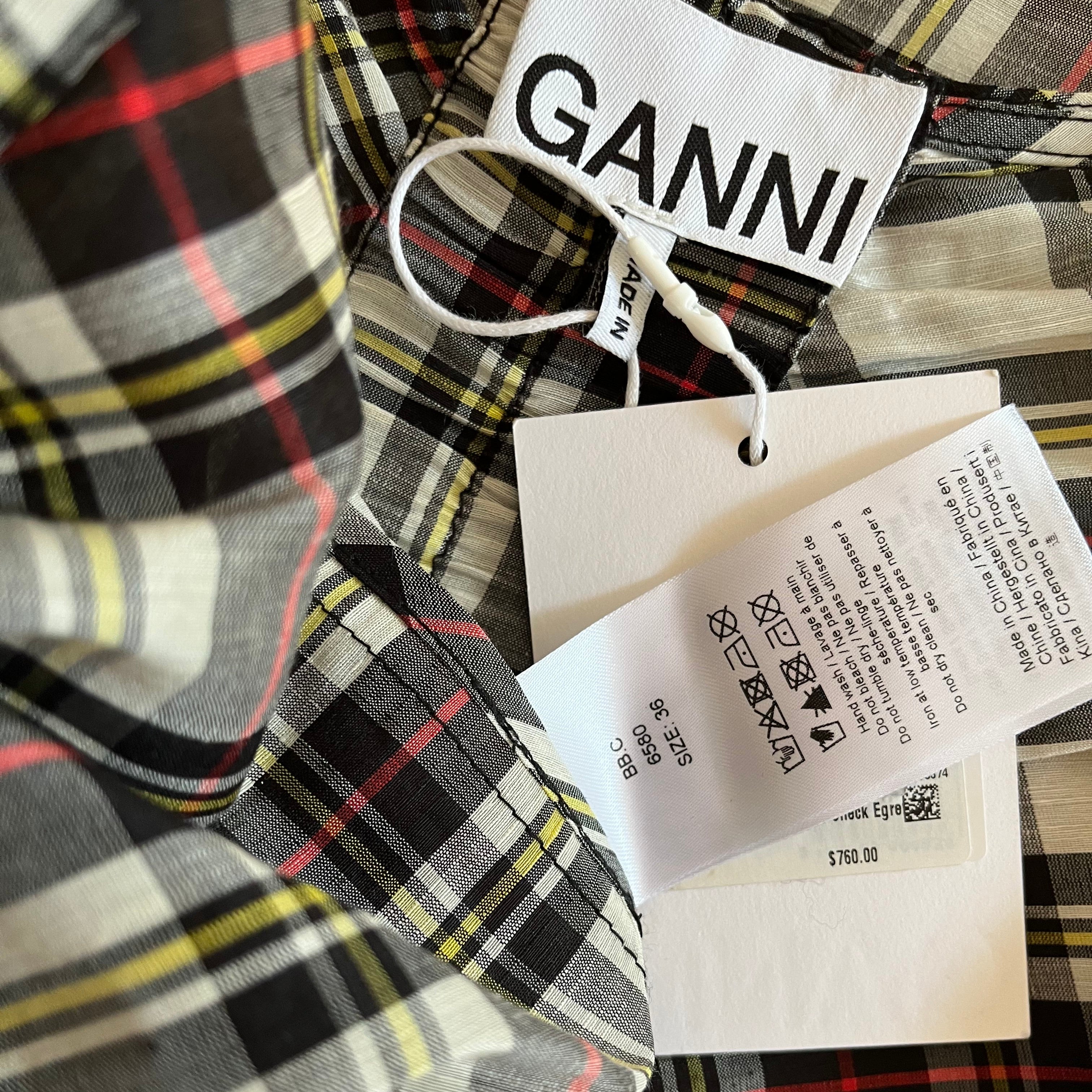 Ganni BNWT Cutout Checked Silk/Linen Midi Dress Size 36/S.