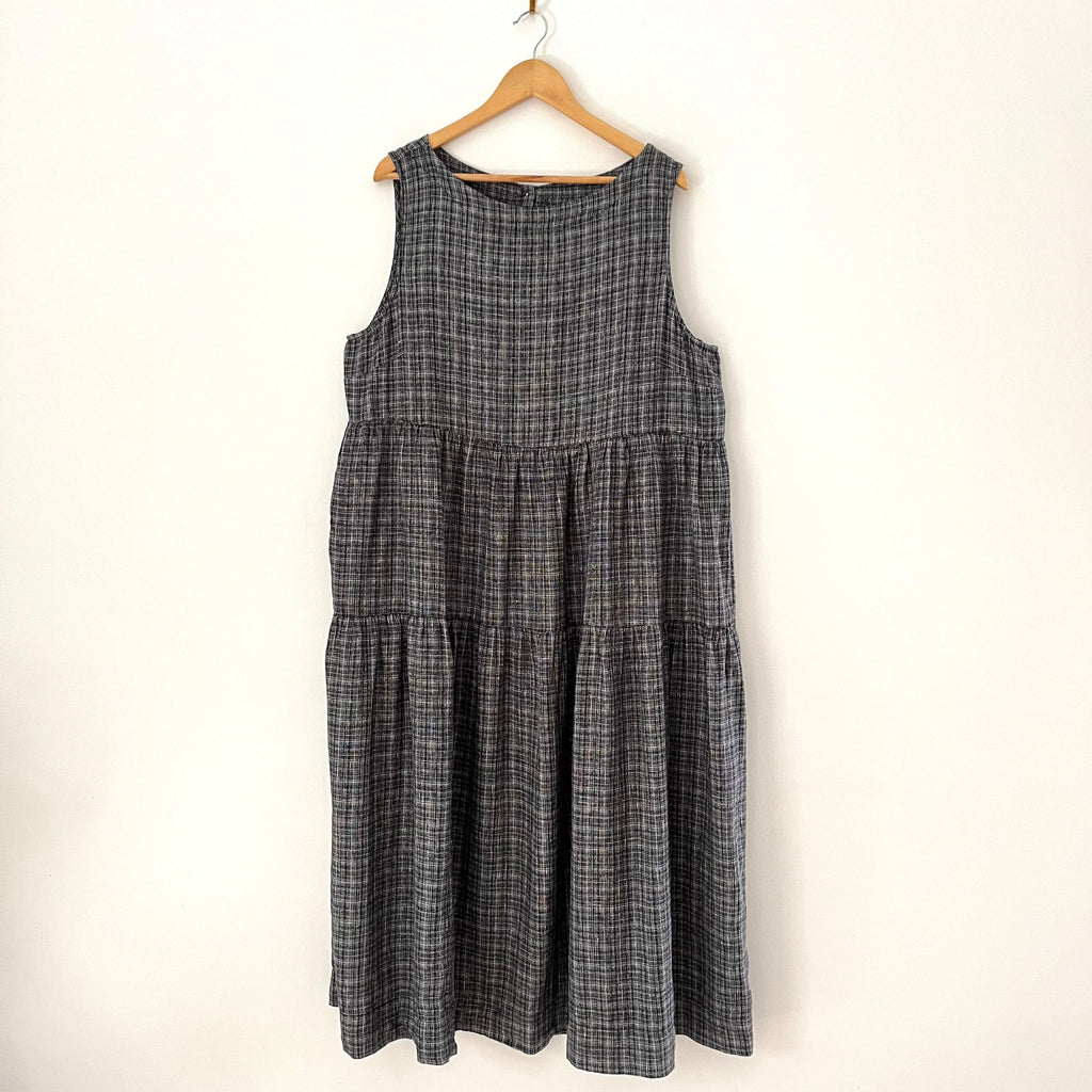 Toast ASAWA Tiered Check Linen Midi Dress in Charcoal.
