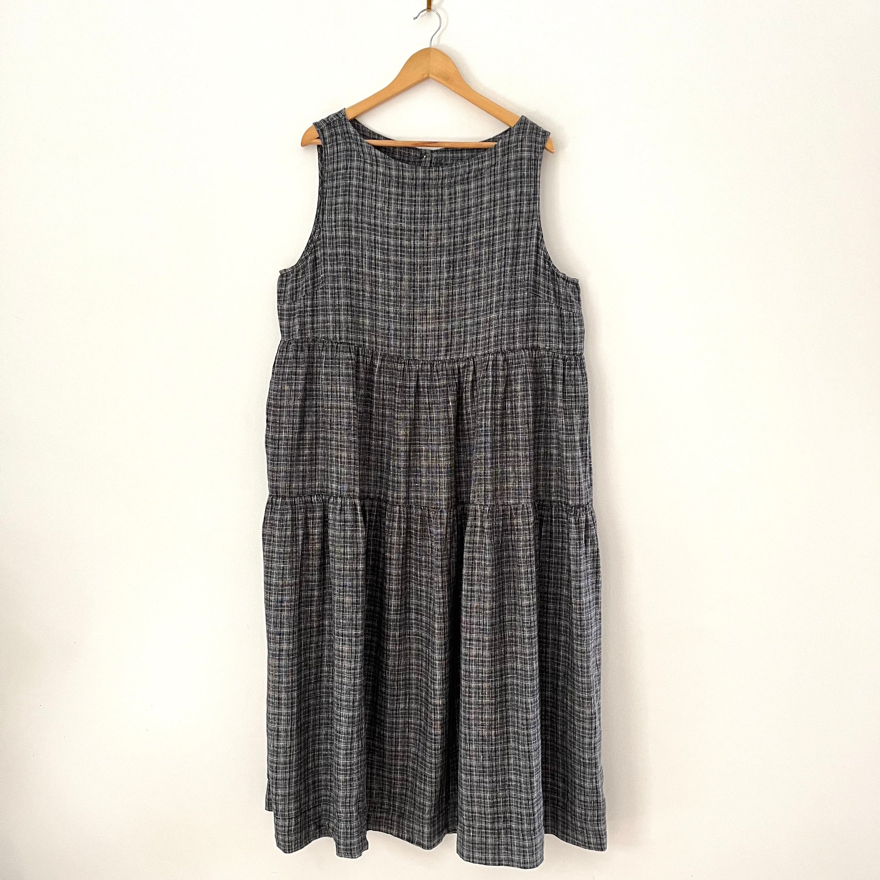 Toast ASAWA Tiered Check Linen Midi Dress in Charcoal.