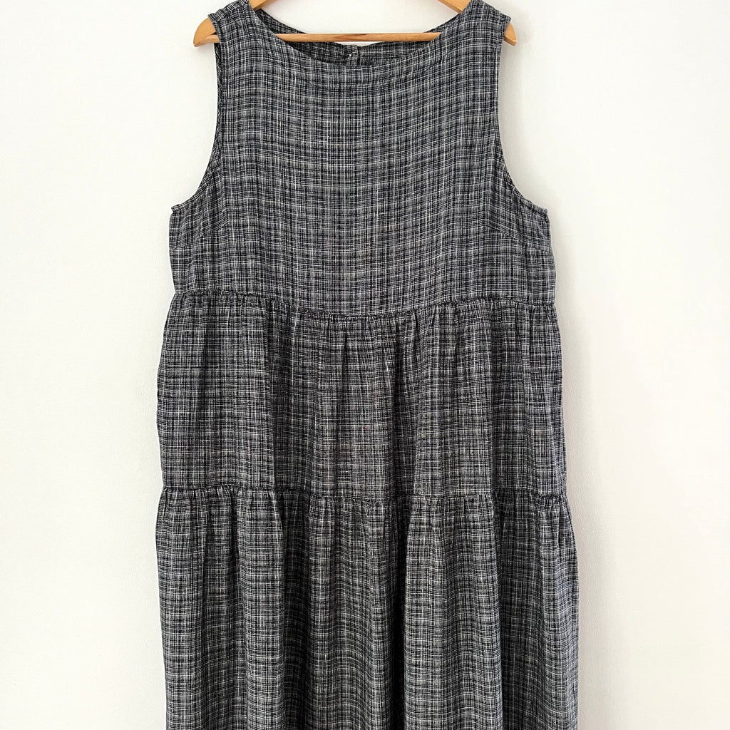 Toast ASAWA Tiered Check Linen Midi Dress in Charcoal.