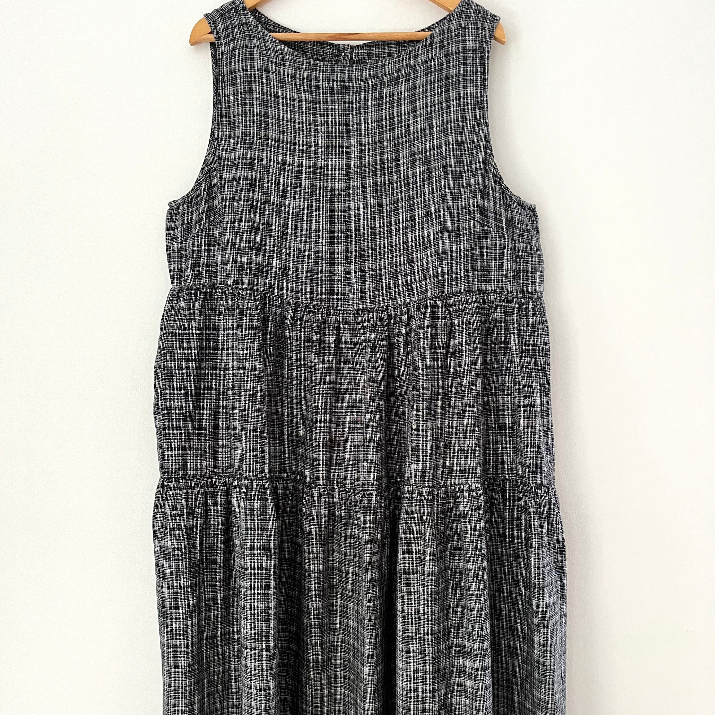 Toast ASAWA Tiered Check Linen Midi Dress in Charcoal.