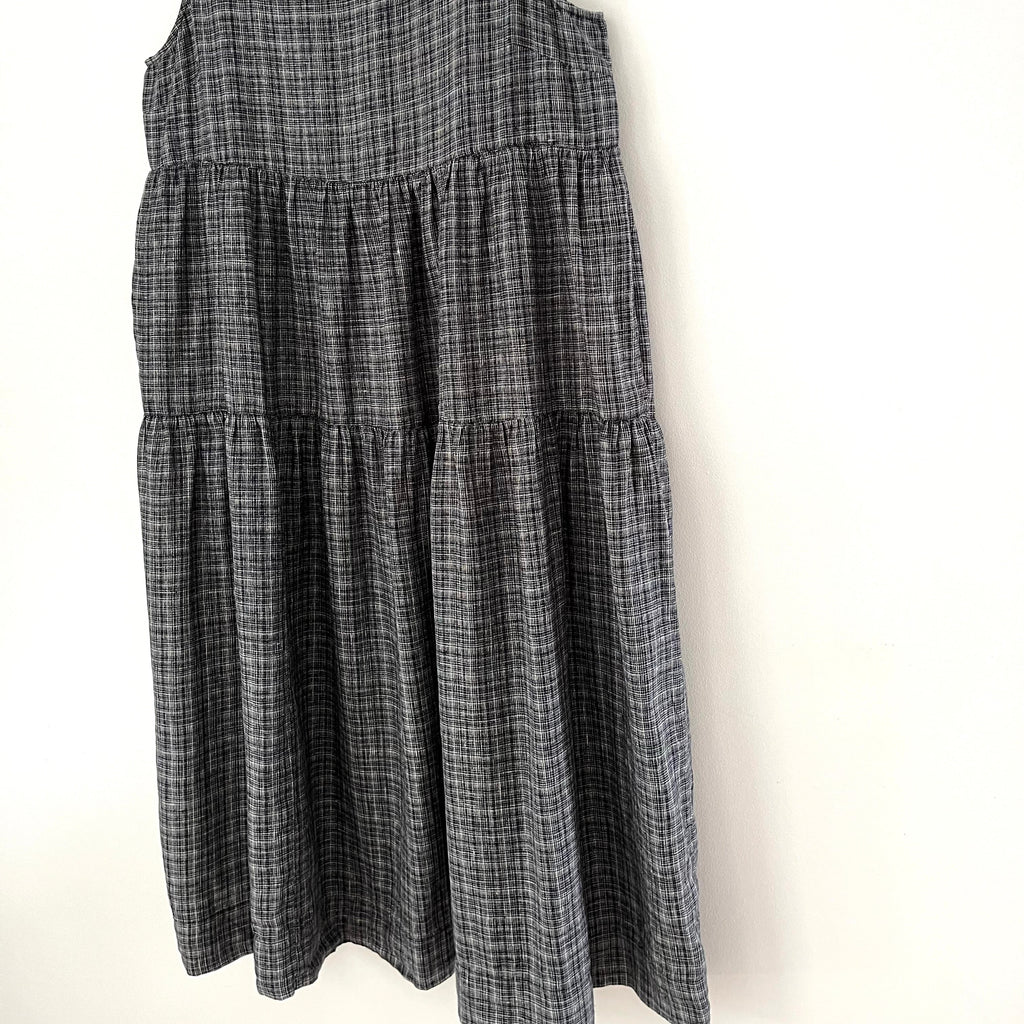 Toast ASAWA Tiered Check Linen Midi Dress in Charcoal.