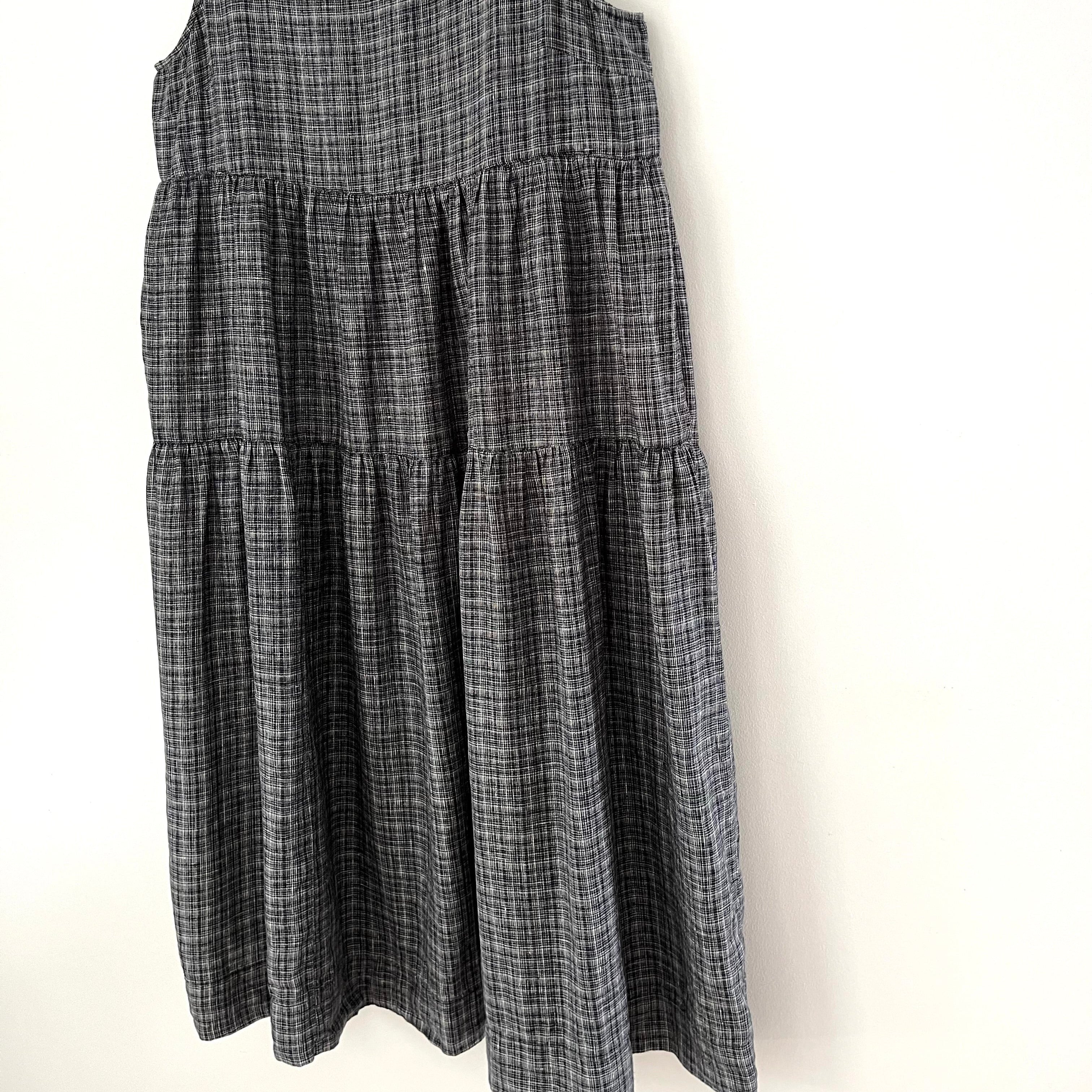 Toast ASAWA Tiered Check Linen Midi Dress in Charcoal.