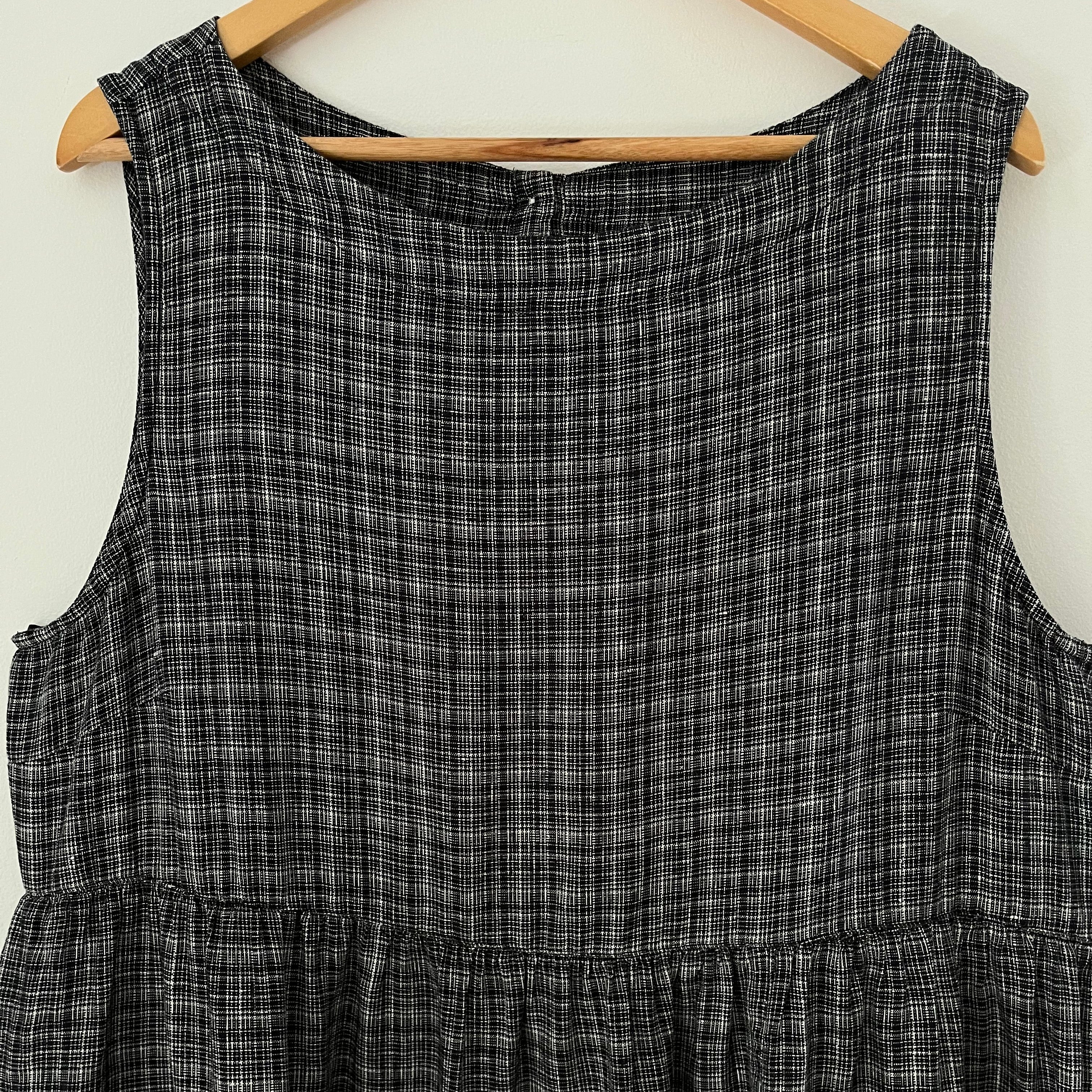 Toast ASAWA Tiered Check Linen Midi Dress in Charcoal.