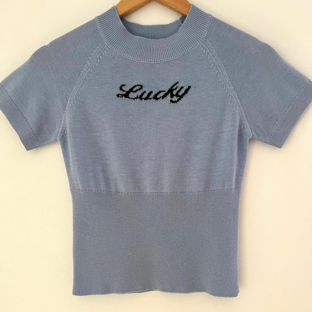 Little Yarn LUCKY Knit Top in Blue.