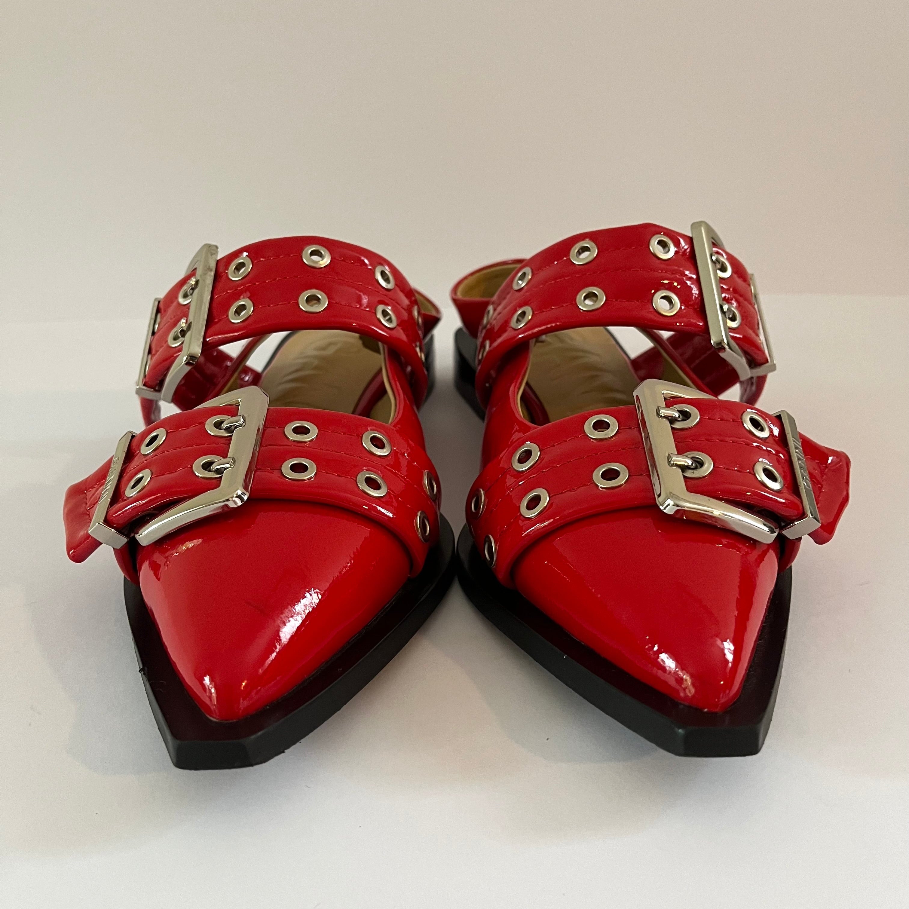 Ganni Feminine Buckle Ballerinas in Red Size EU37/AU6.