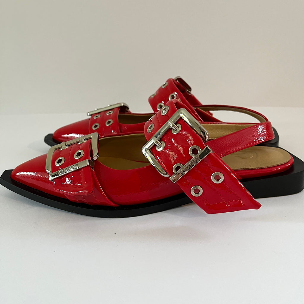 Ganni Feminine Buckle Ballerinas in Red Size EU37/AU6.