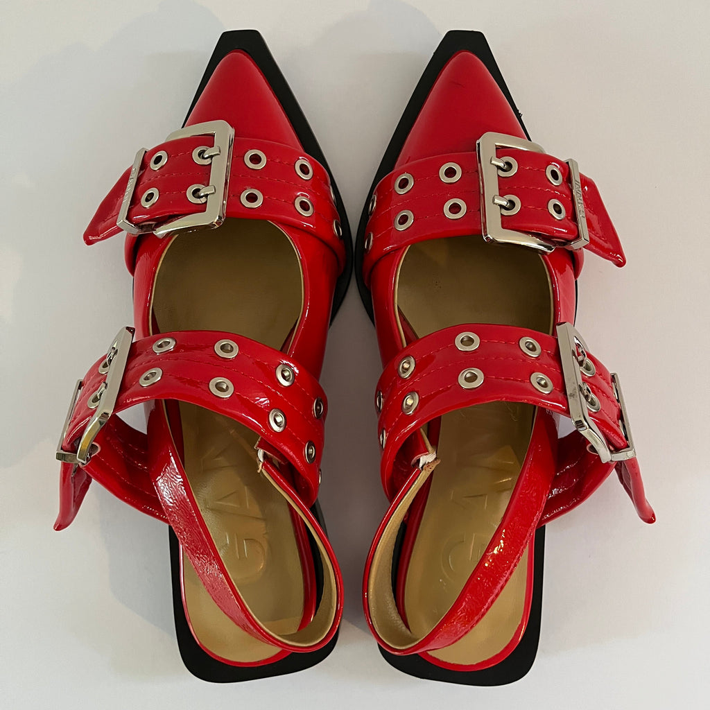 Ganni Feminine Buckle Ballerinas in Red Size EU37/AU6.