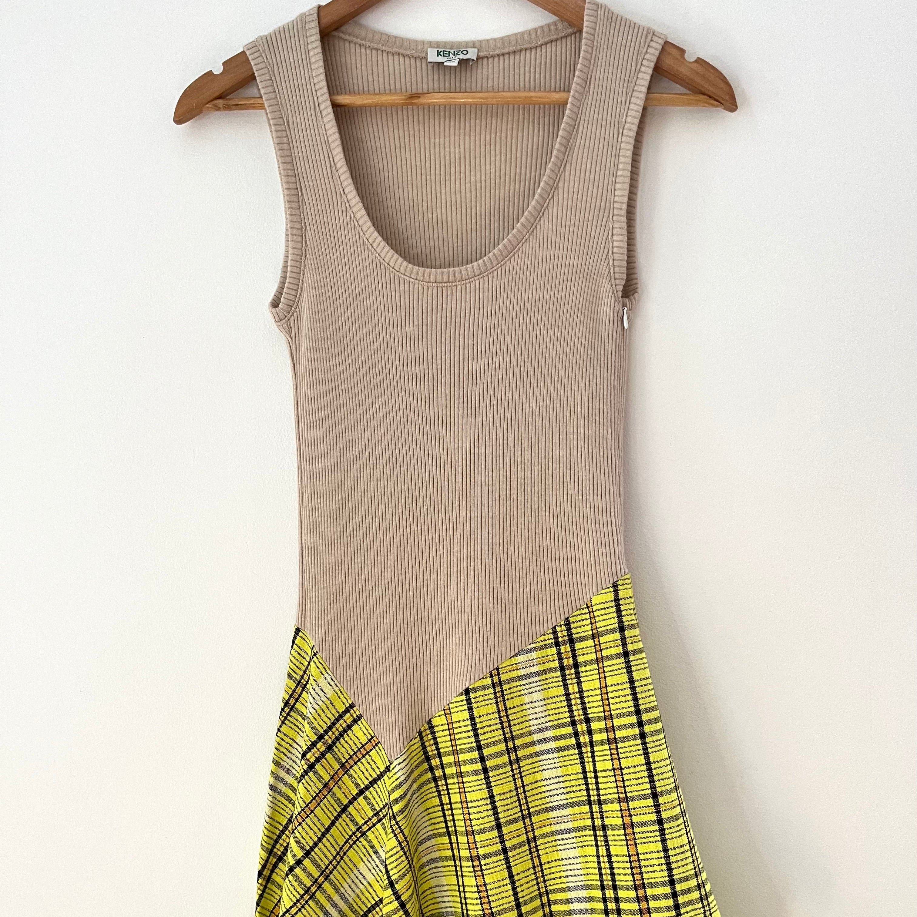 Kenzo Rib Knit Checked Twill Asymmetrical Dress Size XS.