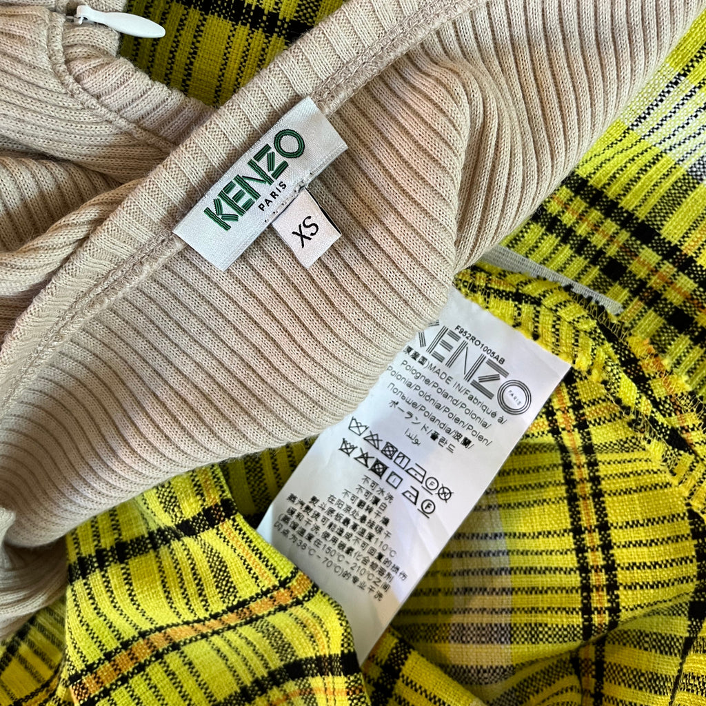 Kenzo Rib Knit Checked Twill Asymmetrical Dress Size XS.
