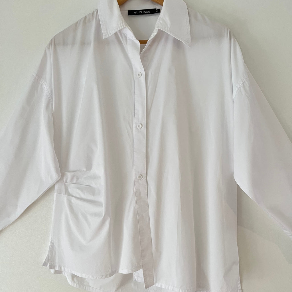 Alpha60 Ruched Asymmetrical White Shirt Size S.