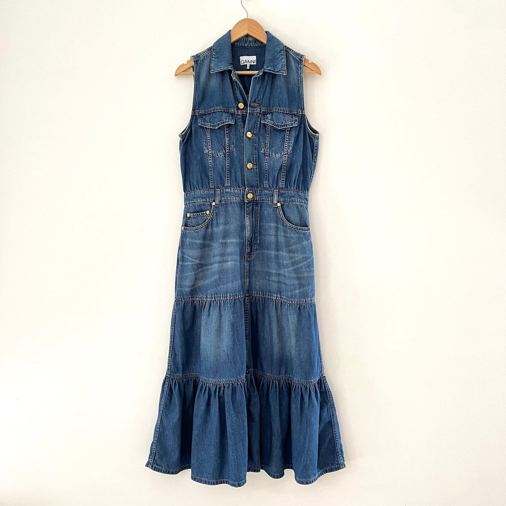 Ganni Sleeveless Denim Maxi Dress in Blue.