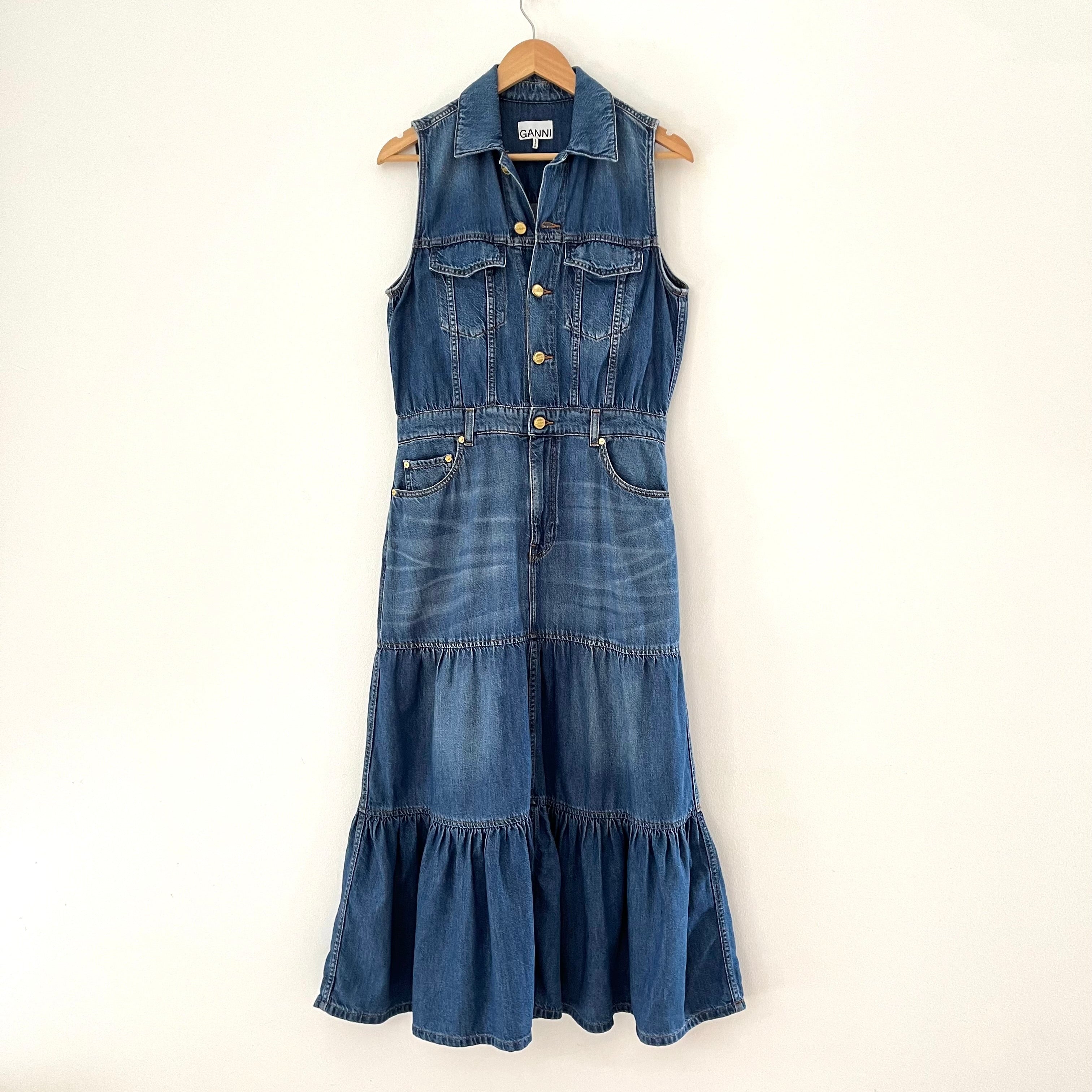 Ganni Sleeveless Denim Maxi Dress in Blue.