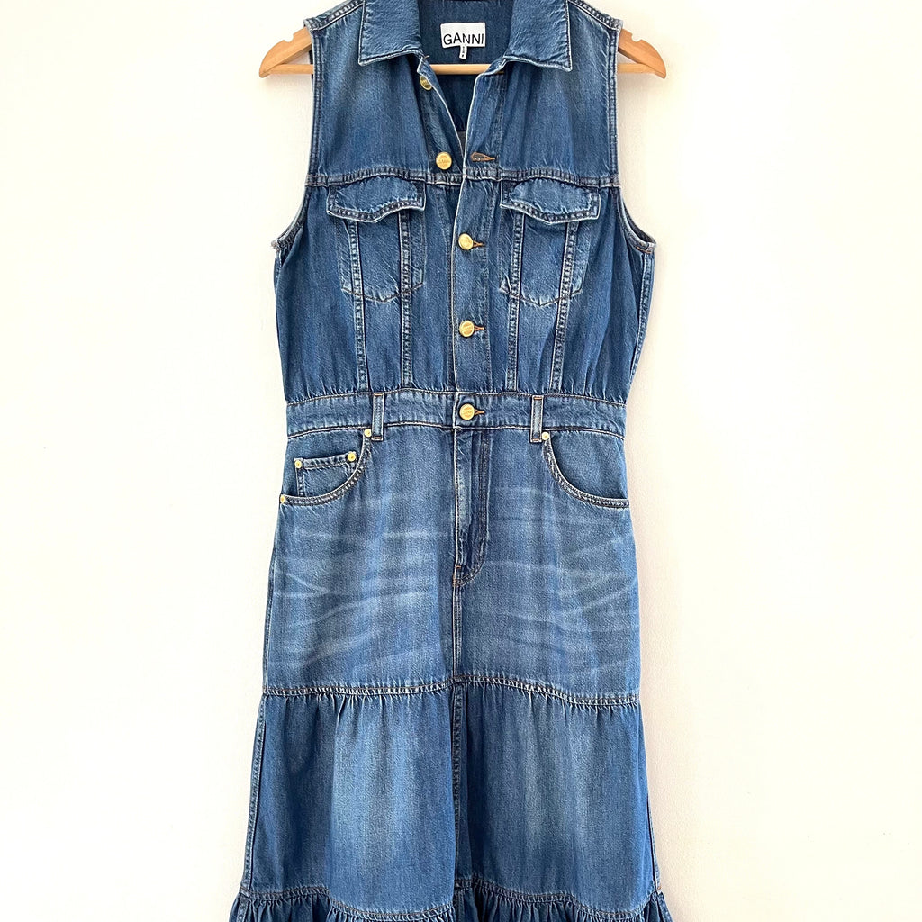 Ganni Sleeveless Denim Maxi Dress in Blue.