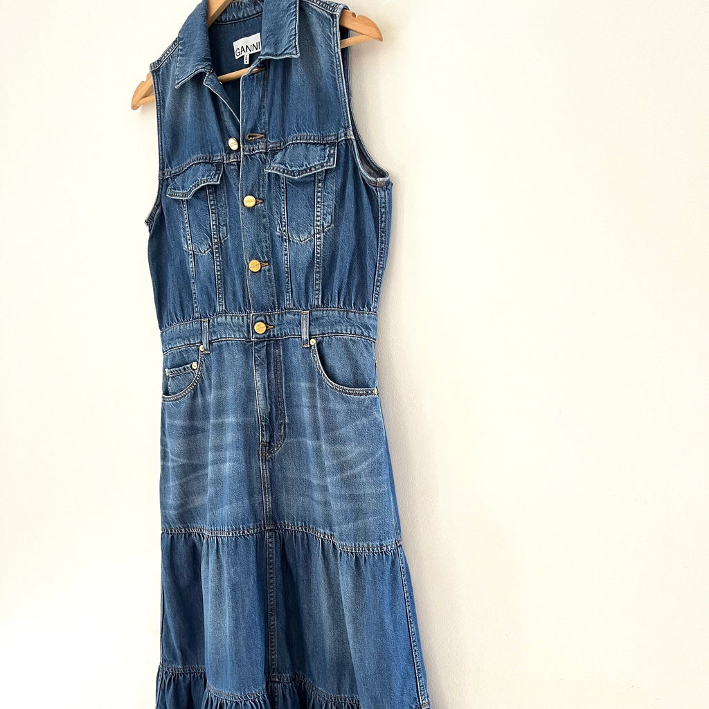 Ganni Sleeveless Denim Maxi Dress in Blue.