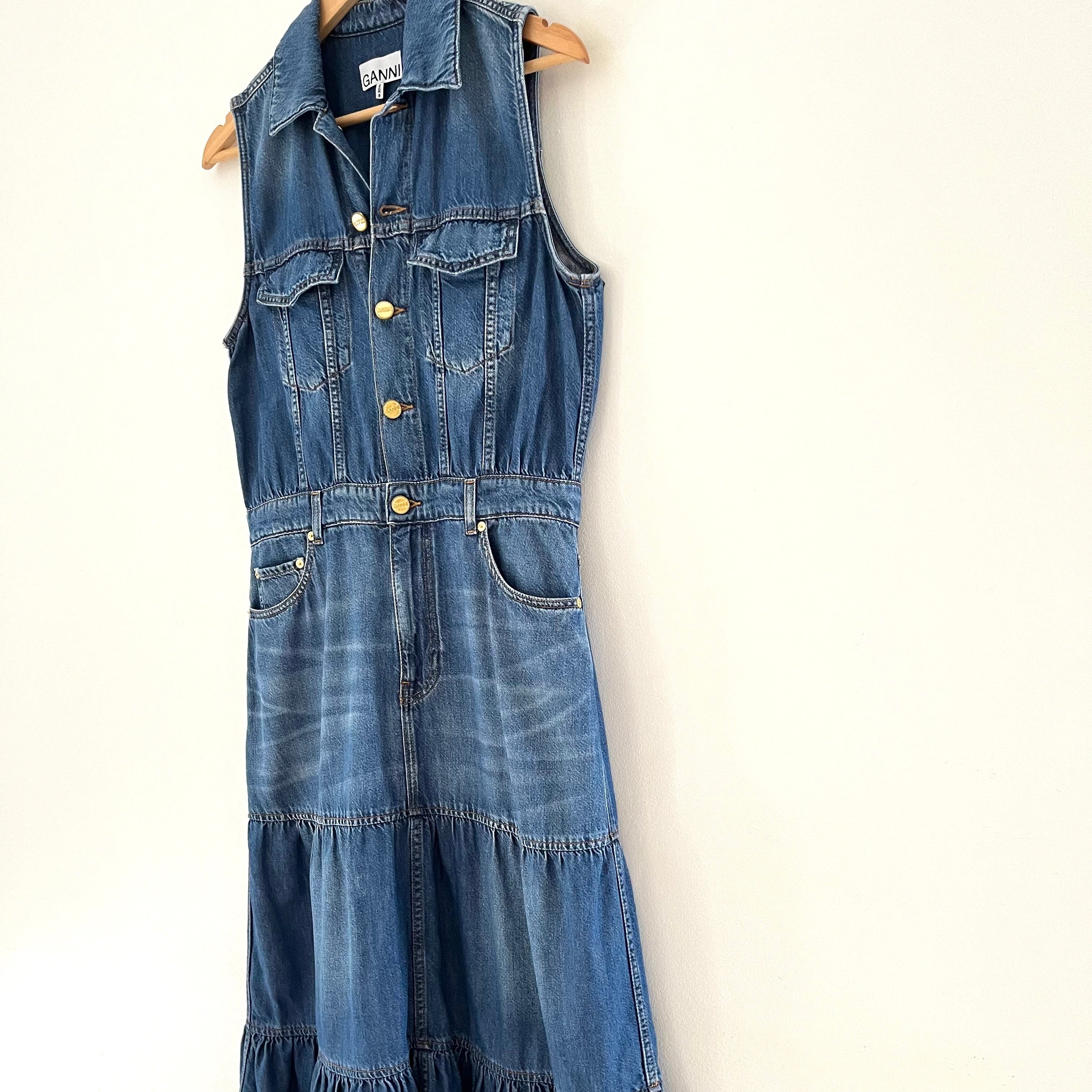 Ganni Sleeveless Denim Maxi Dress in Blue.