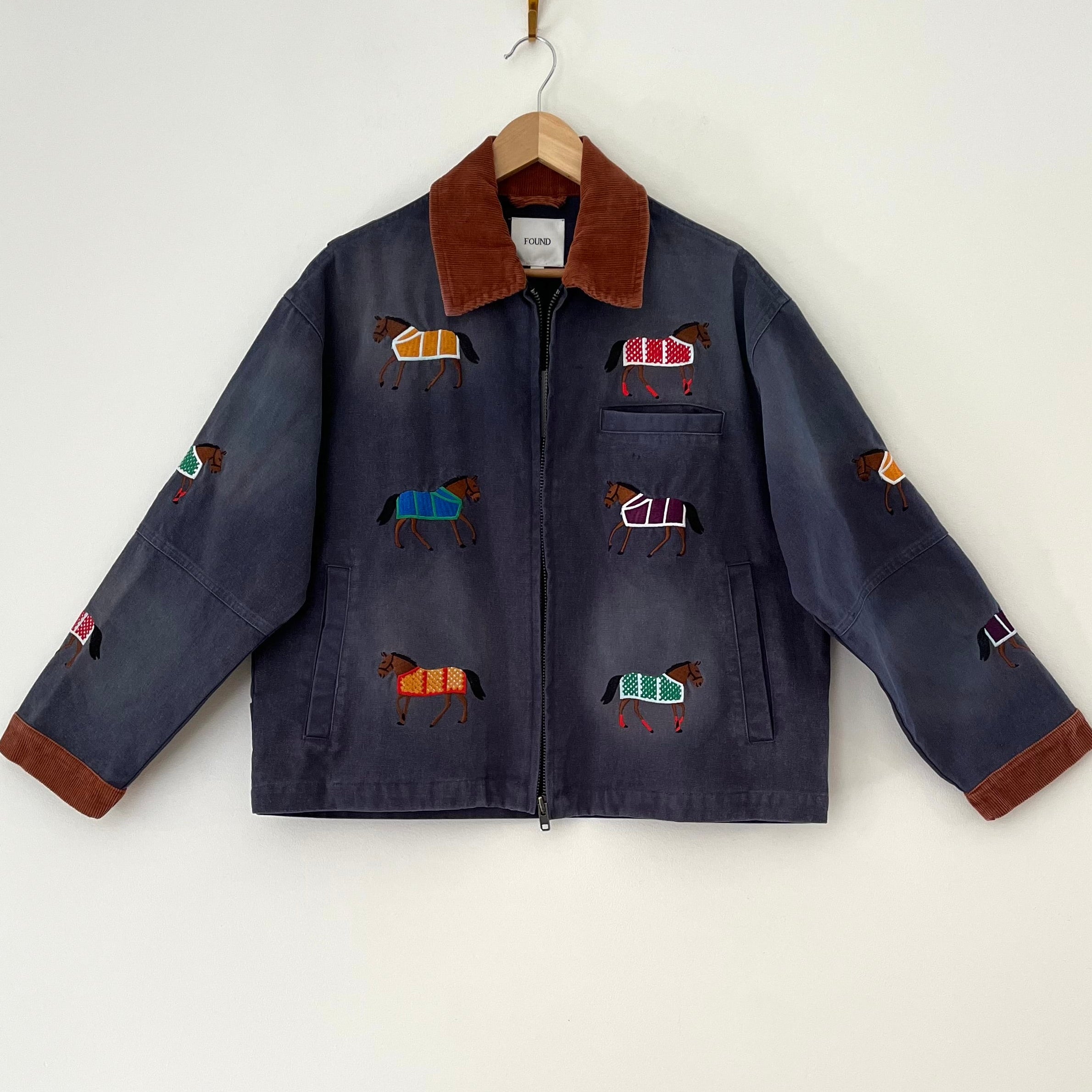 Found BNWT HORSE Embroidered Work Jacket in Faded Navy.