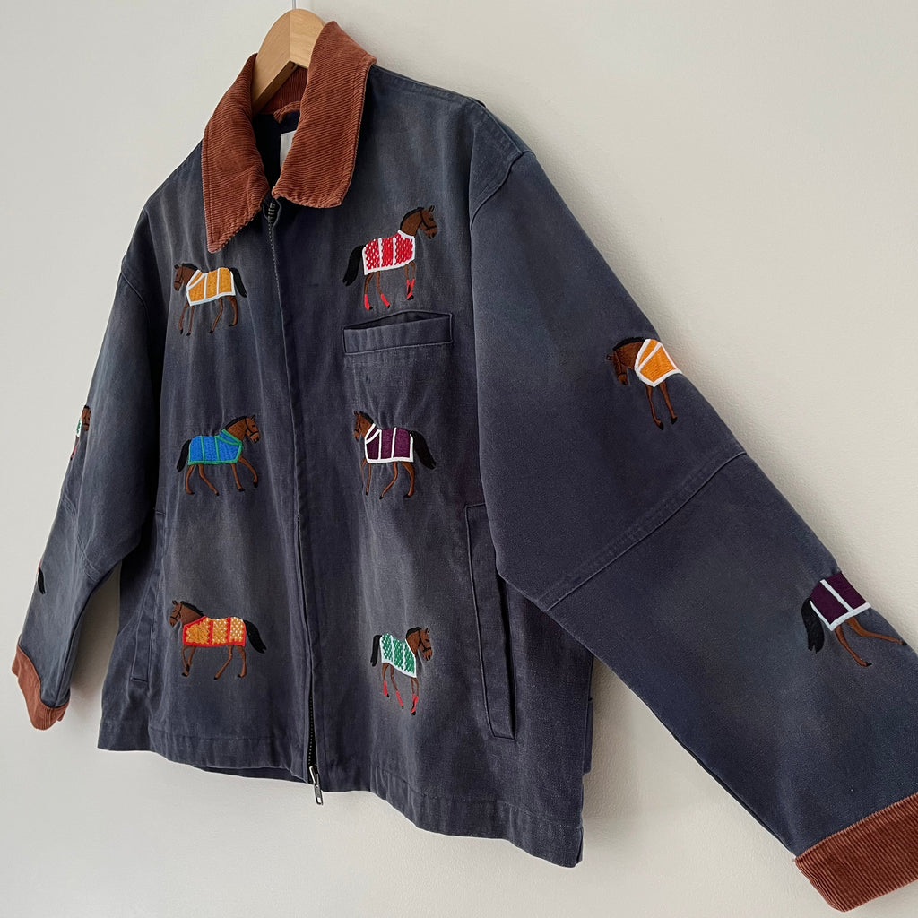 Found BNWT HORSE Embroidered Work Jacket in Faded Navy.