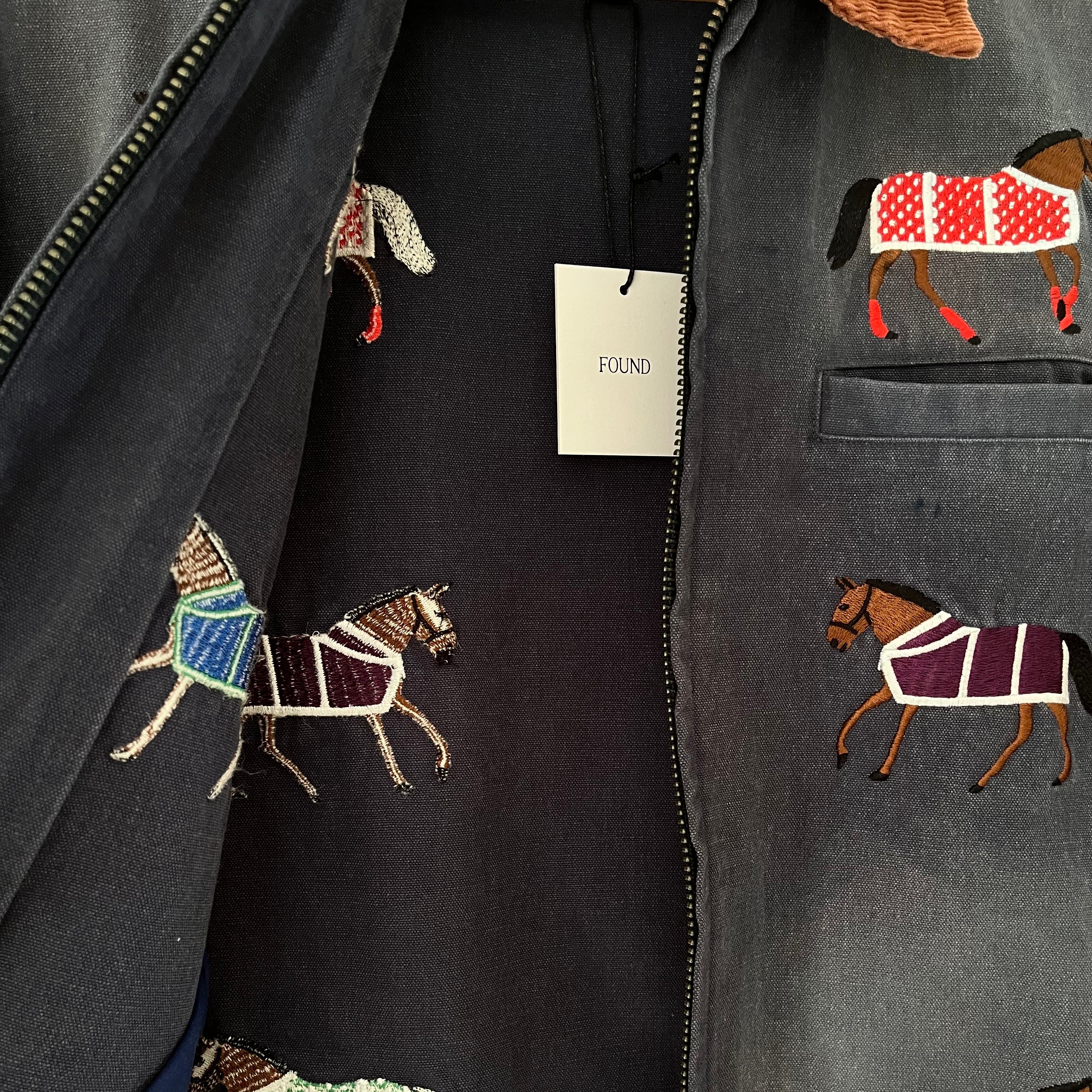 Found BNWT HORSE Embroidered Work Jacket in Faded Navy.